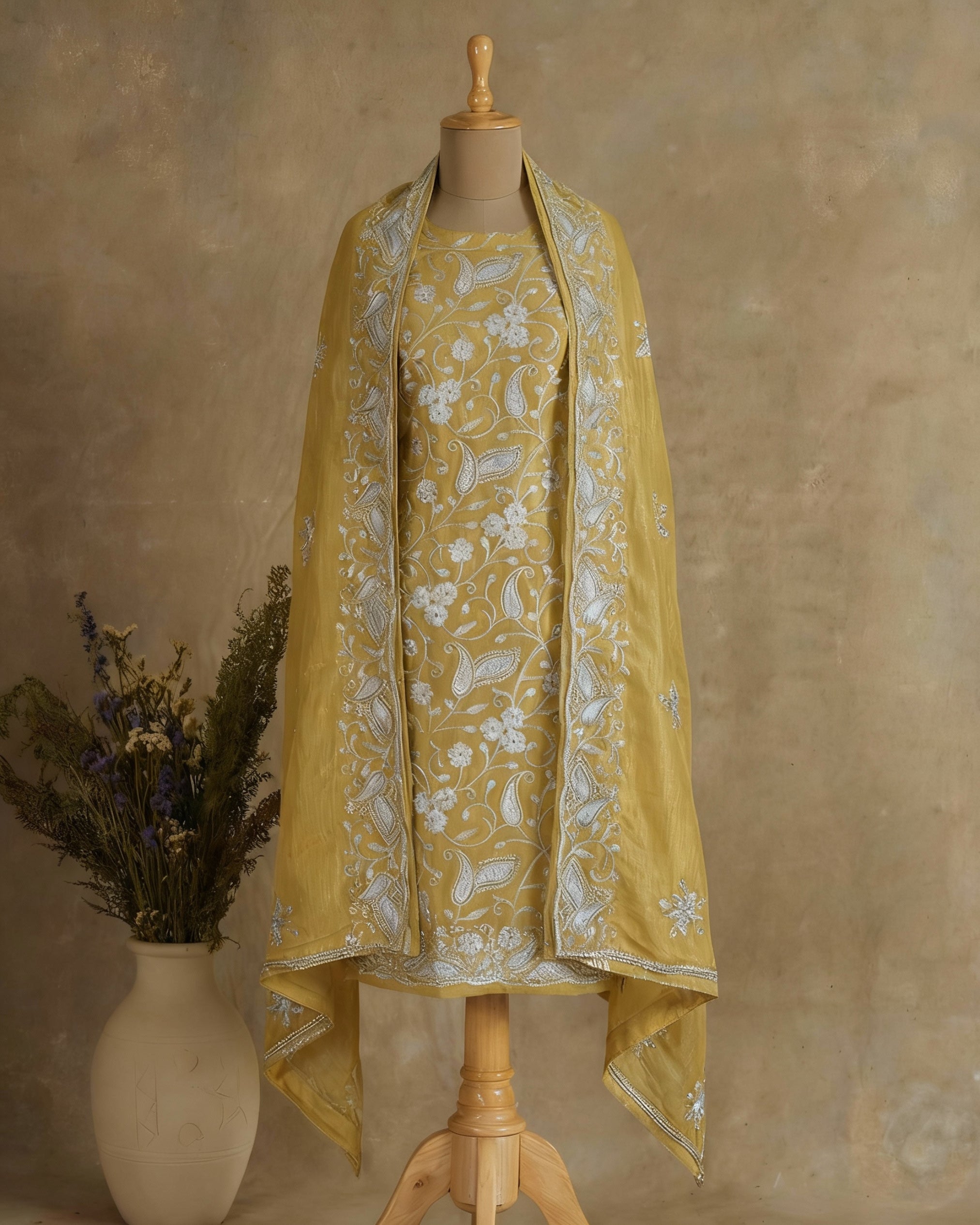 Crushed shimmer silk with all-over zari & glitter embroidery