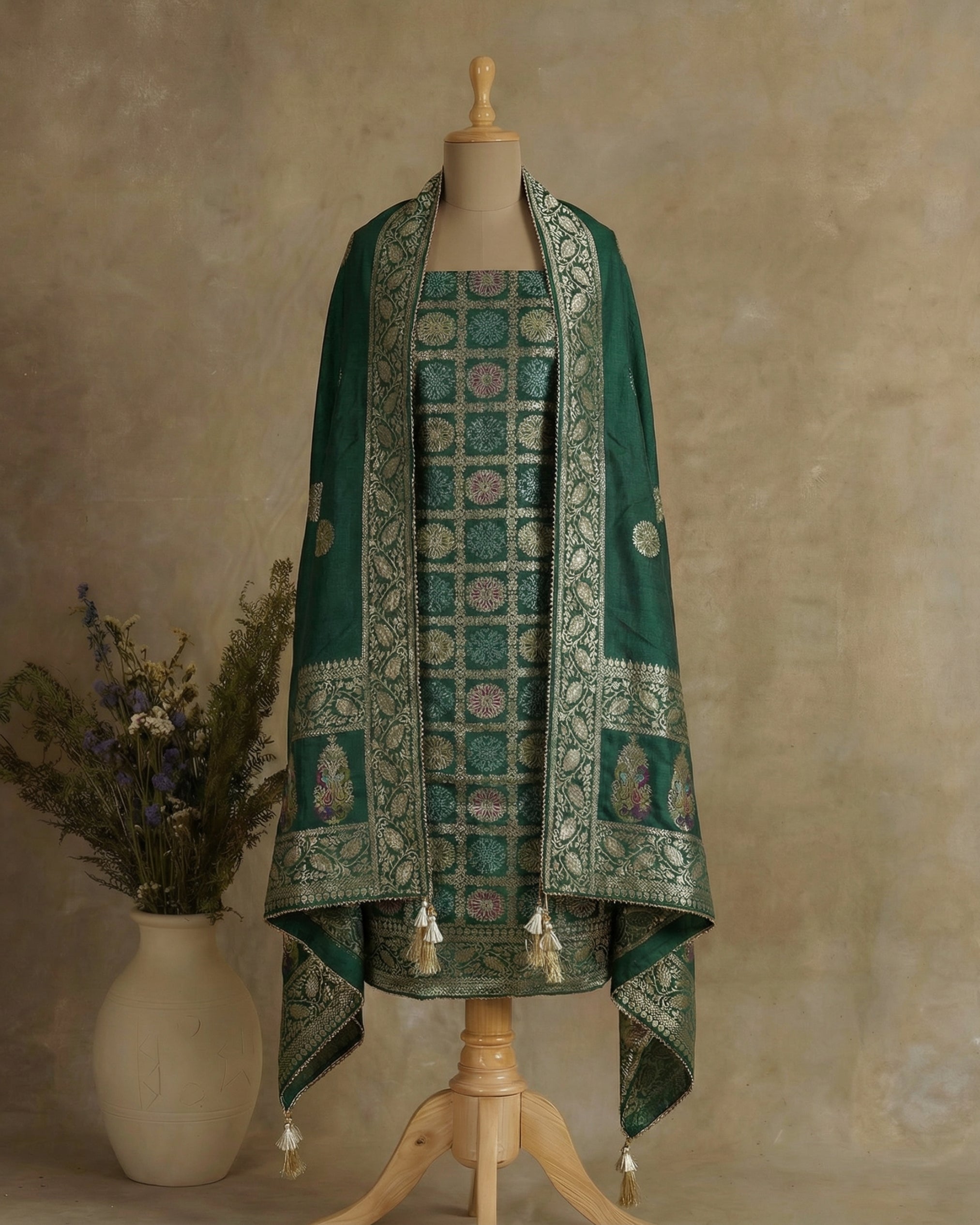 Banarasi suit with all-over weaving work