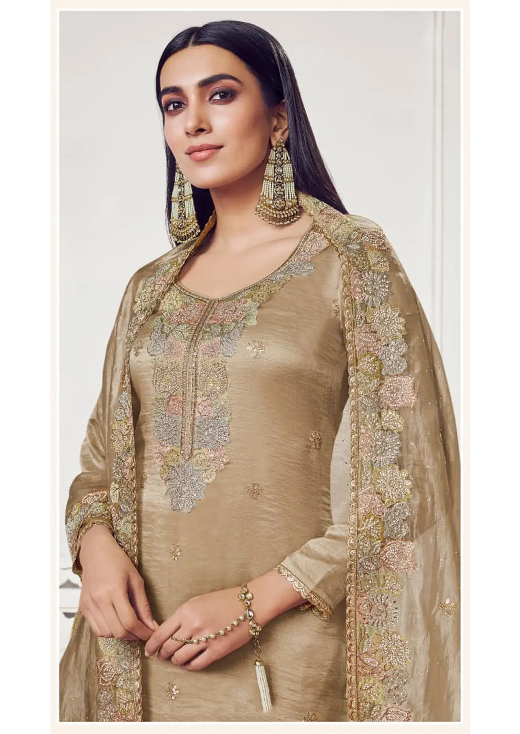 Soft Gold Silk Suit & Dupatta with Thread Embroidery & Zarkan Work