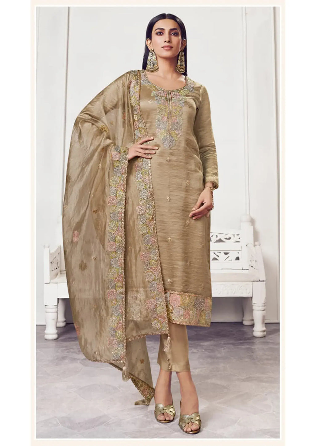 Soft Gold Silk Suit & Dupatta with Thread Embroidery & Zarkan Work