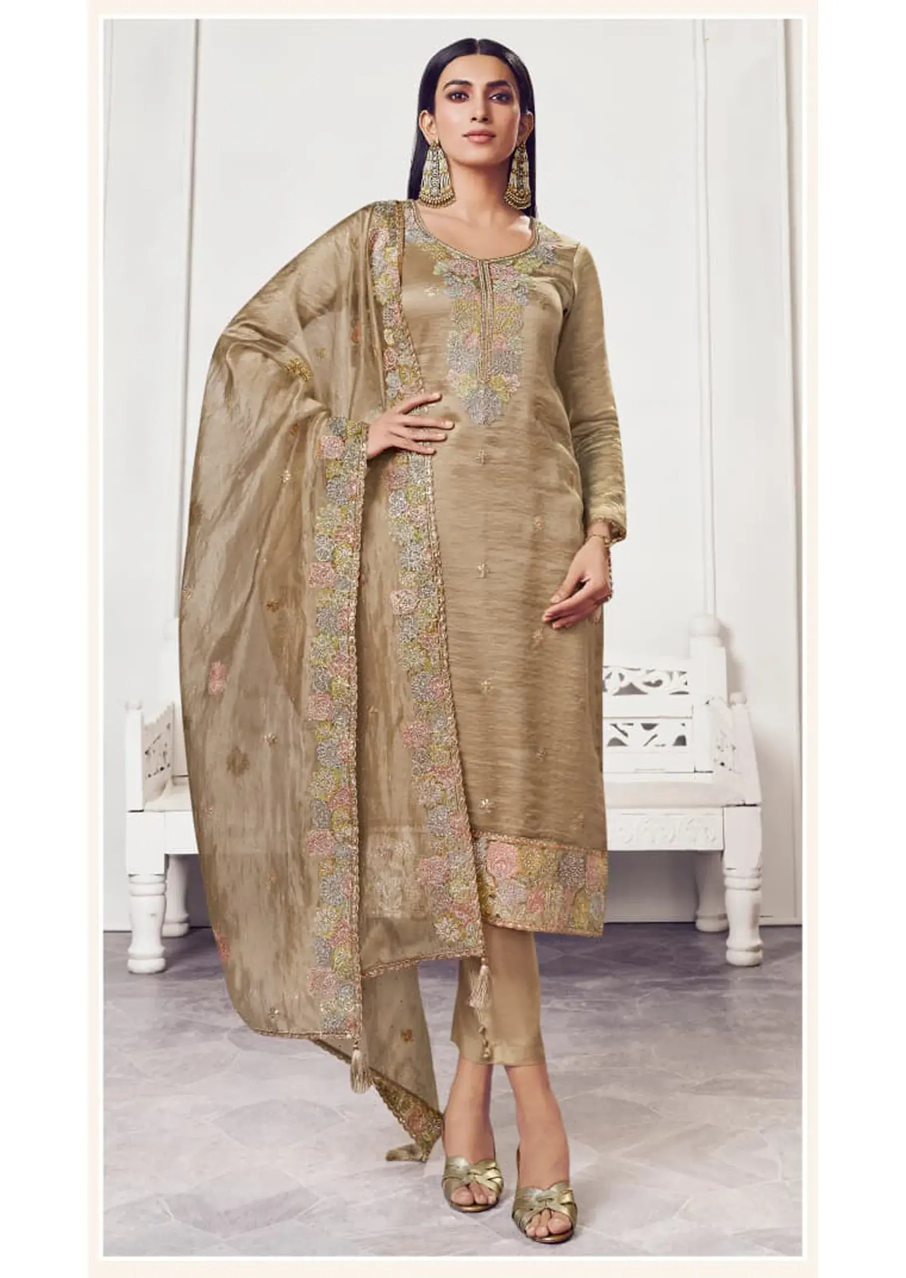Soft Gold Silk Suit & Dupatta with Thread Embroidery & Zarkan Work