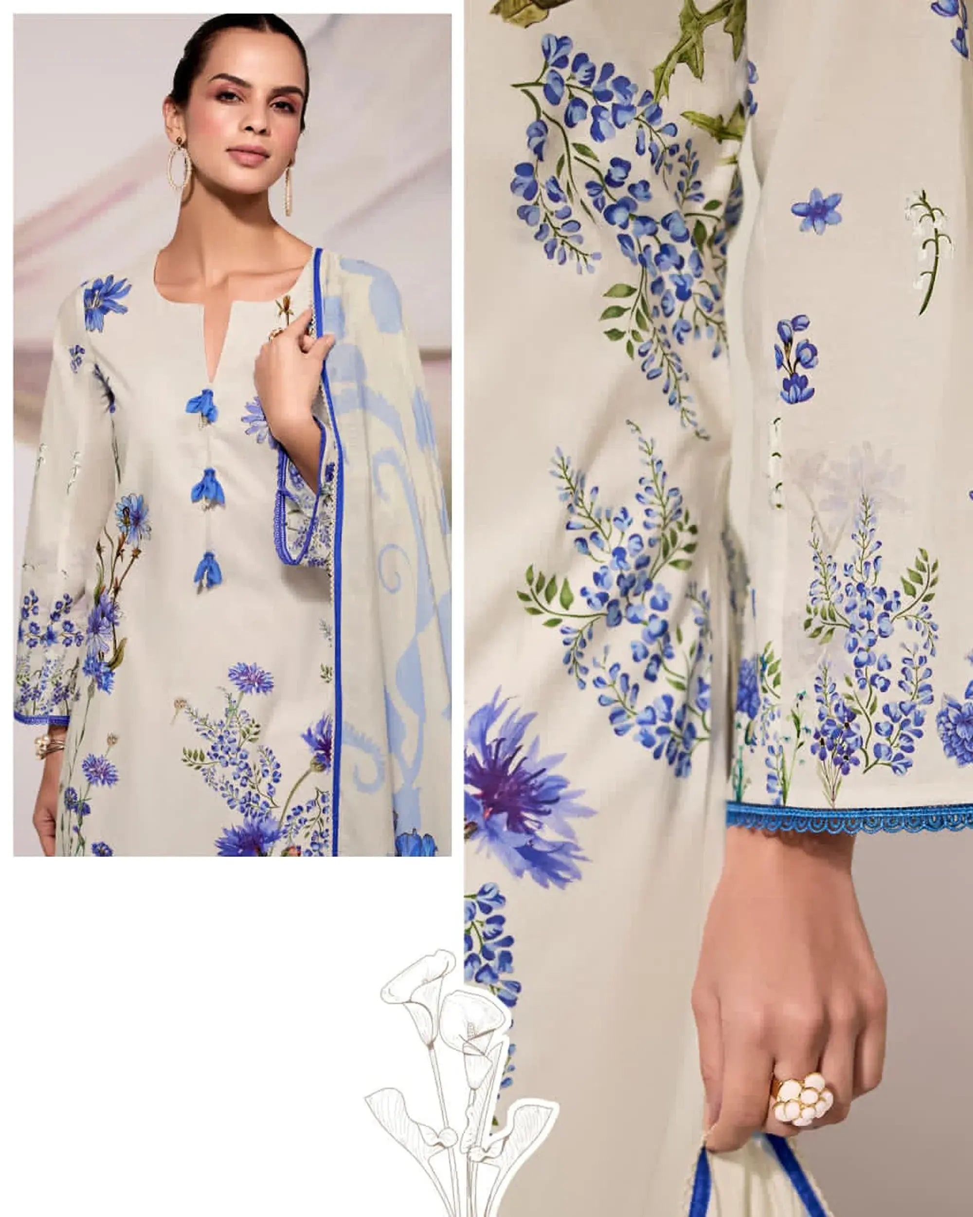 Pure Cotton Lawn Suit with Resham Embroidery Appliqué, Crochet Hemline and Handcrafted Buttons