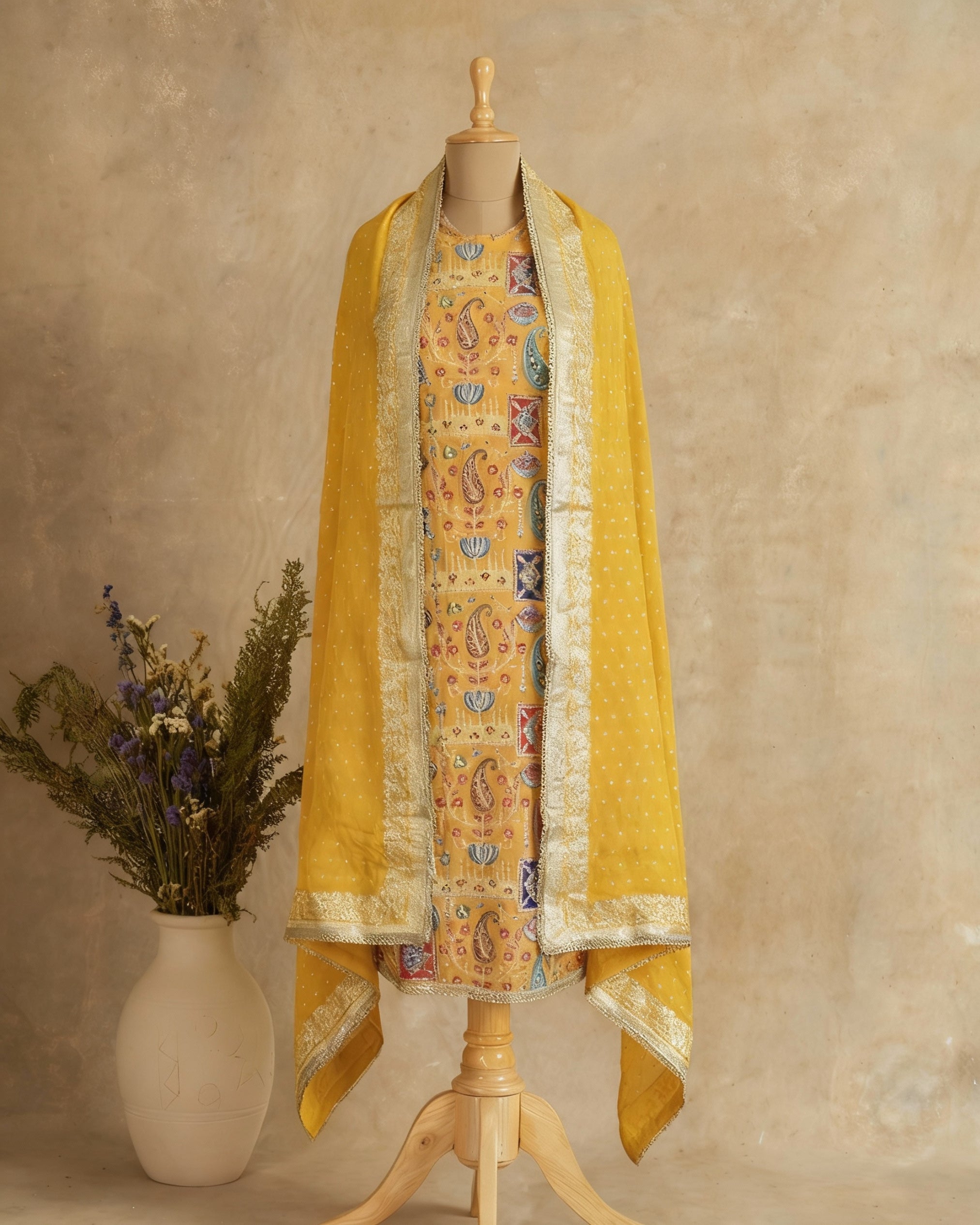 Silk Suit with all-over zari embroidery
