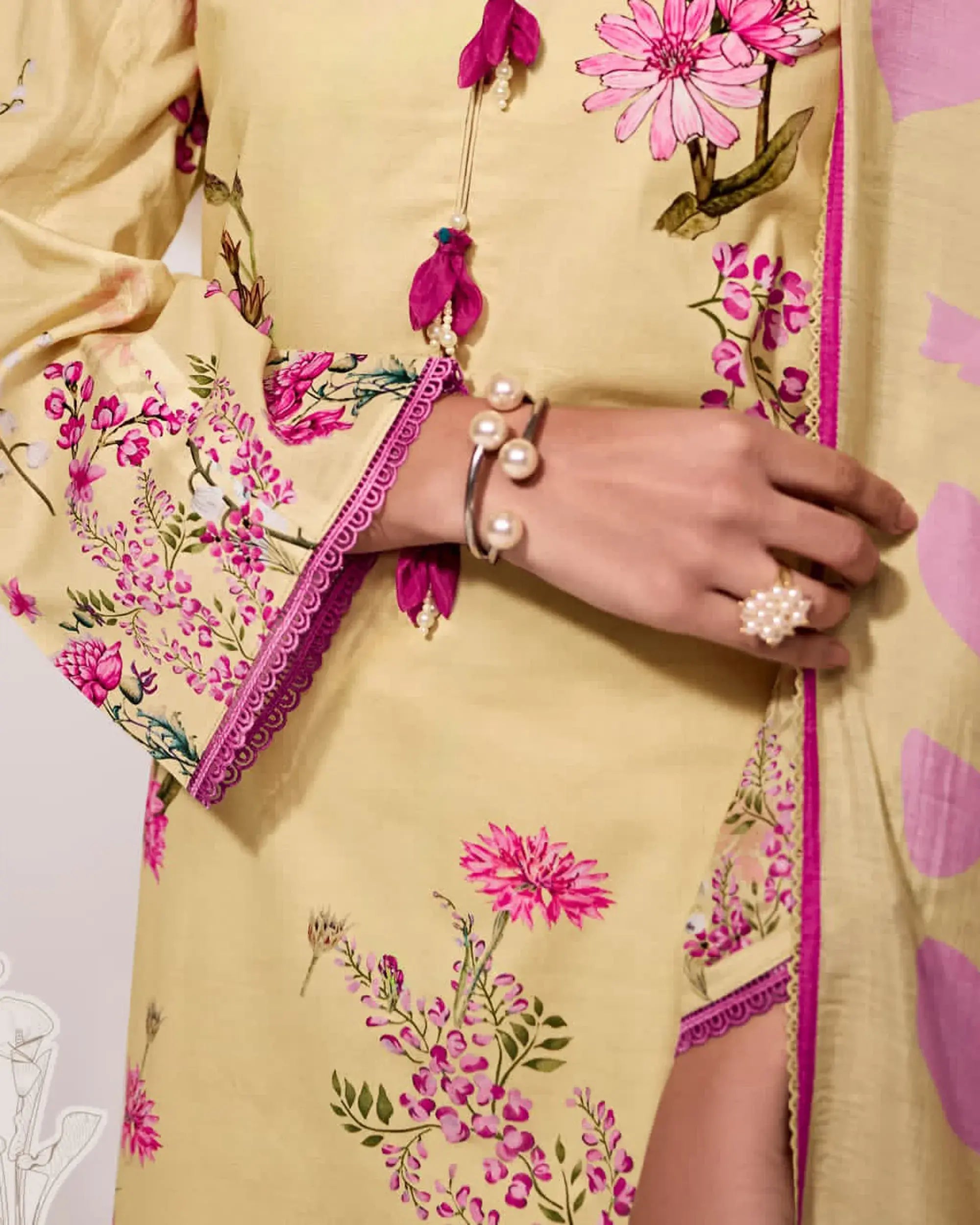 Pure Cotton Lawn Suit with Resham Embroidery Appliqué, Crochet Hemline and Handcrafted Buttons