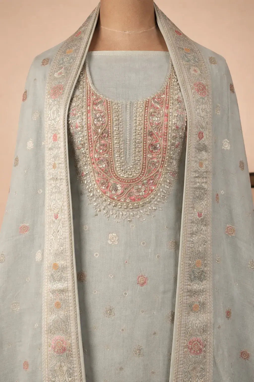 Pure Silk Jacquard Suit with Dabka Hand Embroidery