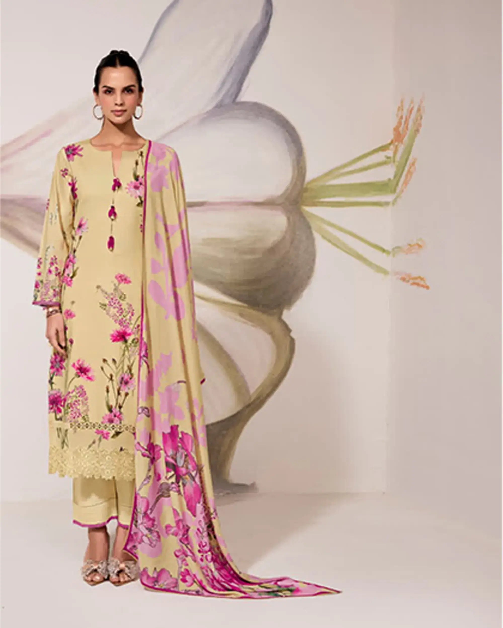 Pure Cotton Lawn Suit with Resham Embroidery Appliqué, Crochet Hemline and Handcrafted Buttons