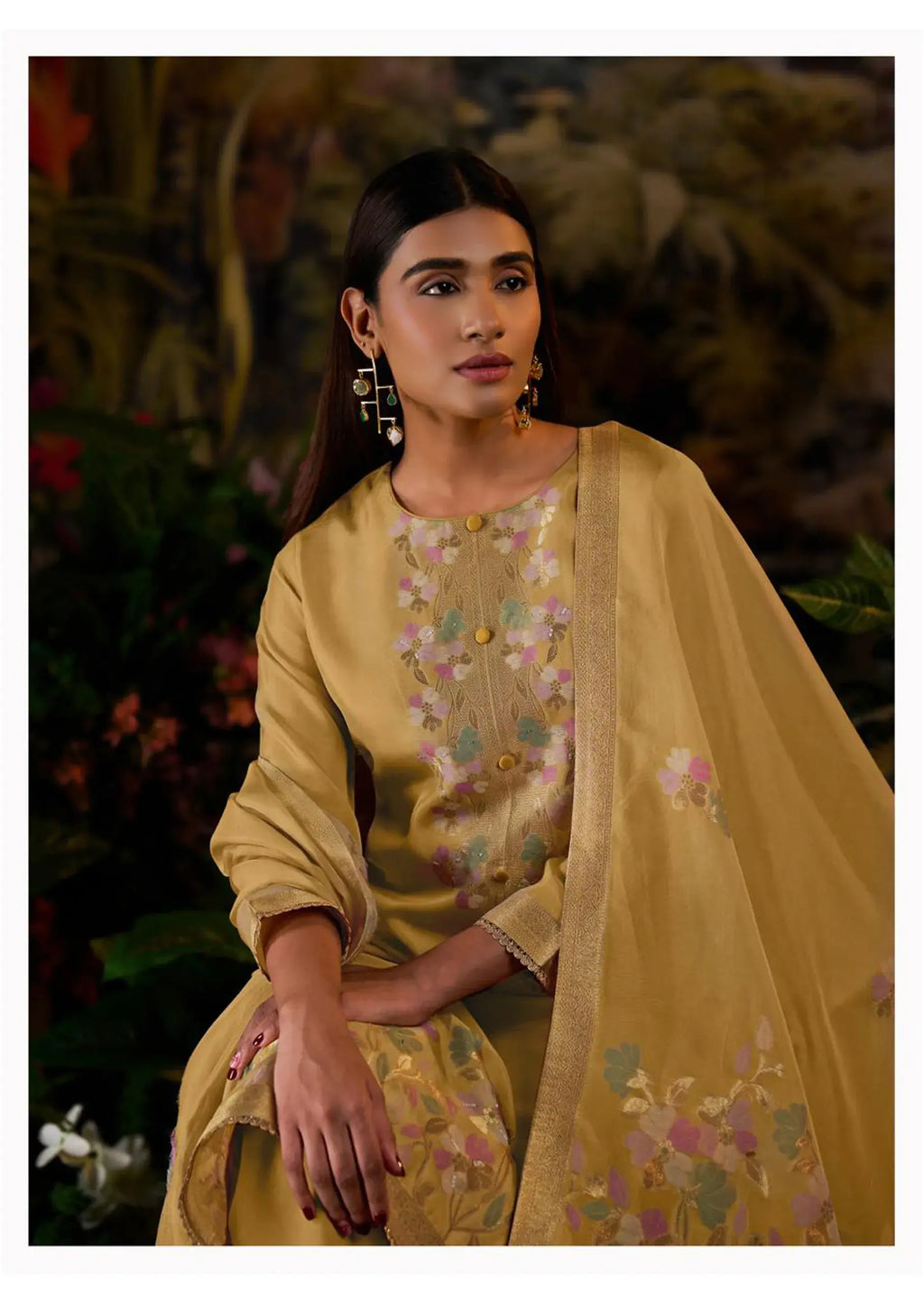 Silk Jacquard Suit with Hand Work and Zari Lace Detailing