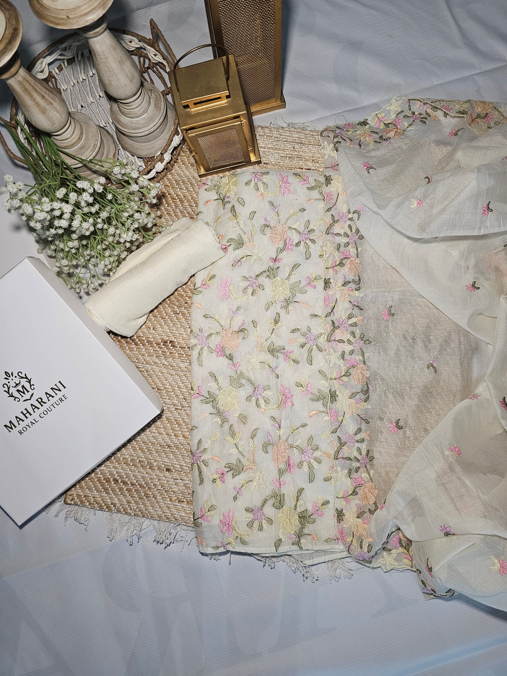 Pure Mul Cotton Suit with All-over Handwoven Threadwork