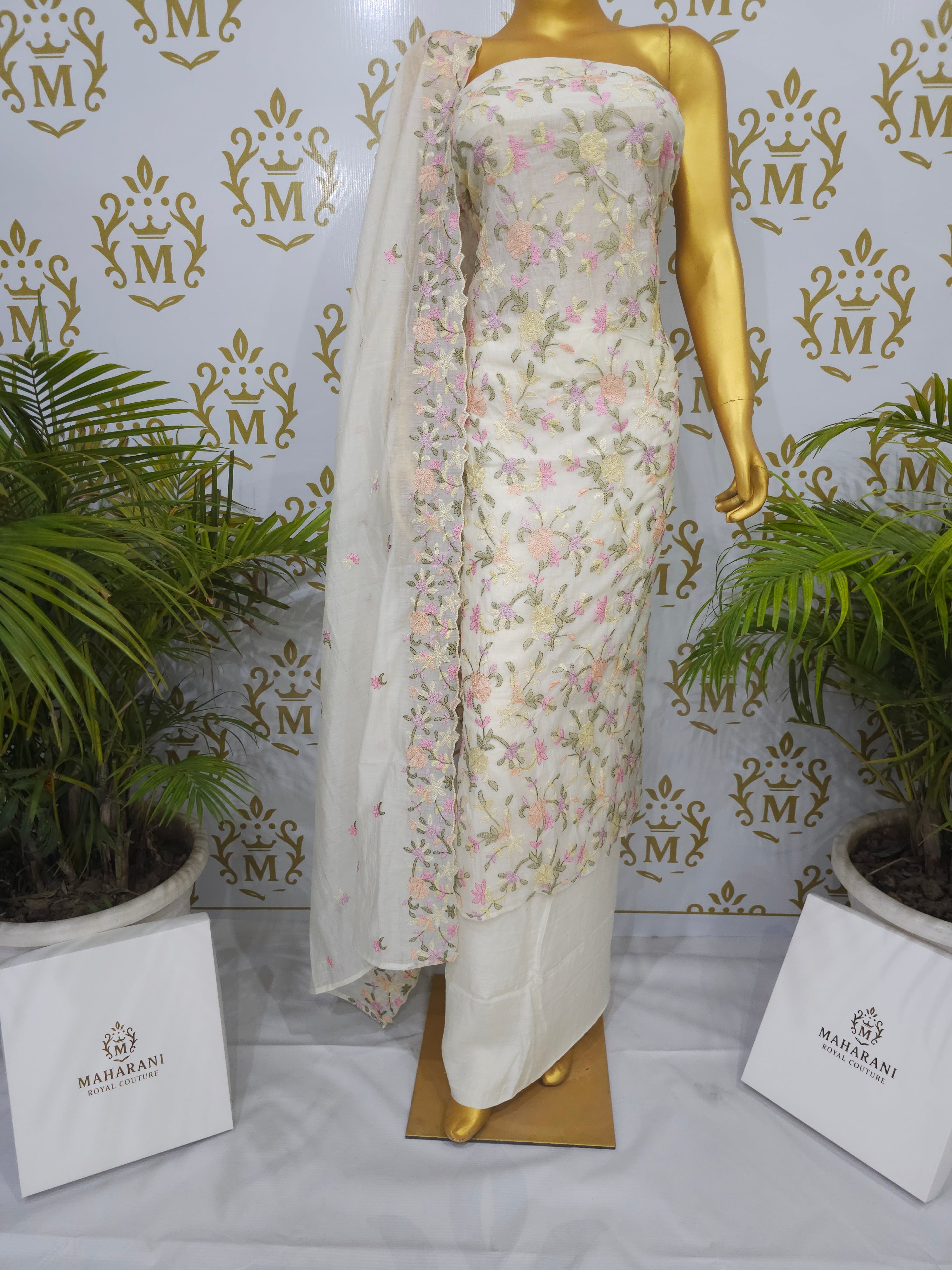 Pure Mul Cotton Suit with All-over Handwoven Threadwork