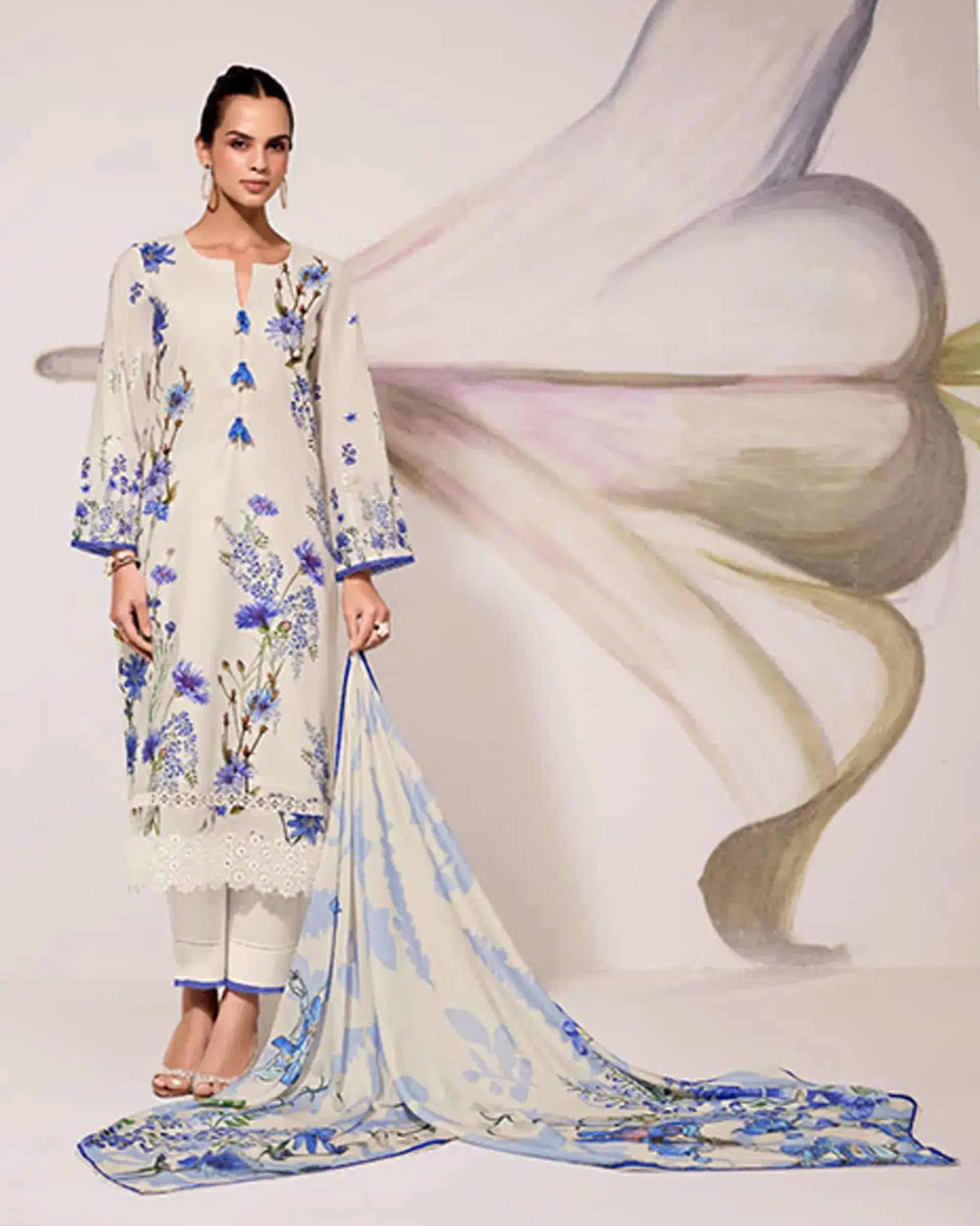 Pure Cotton Lawn Suit with Resham Embroidery Appliqué, Crochet Hemline and Handcrafted Buttons