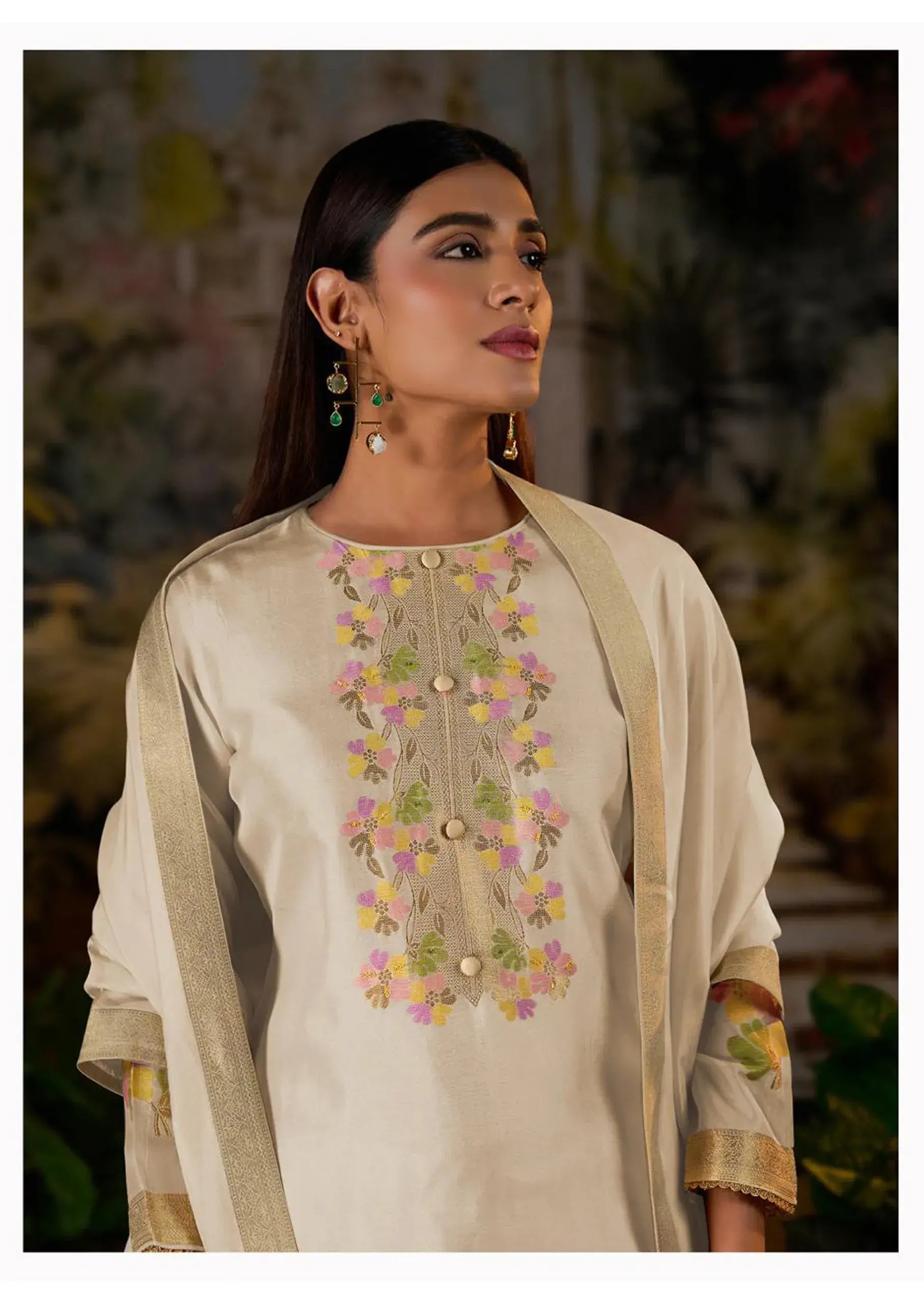 Silk Jacquard Suit with Hand Work and Zari Lace Detailing