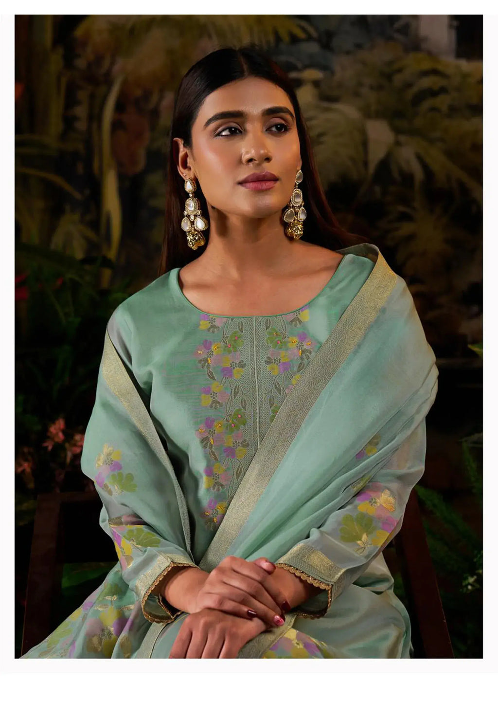 Silk Jacquard Suit with Hand Work and Zari Lace Detailing