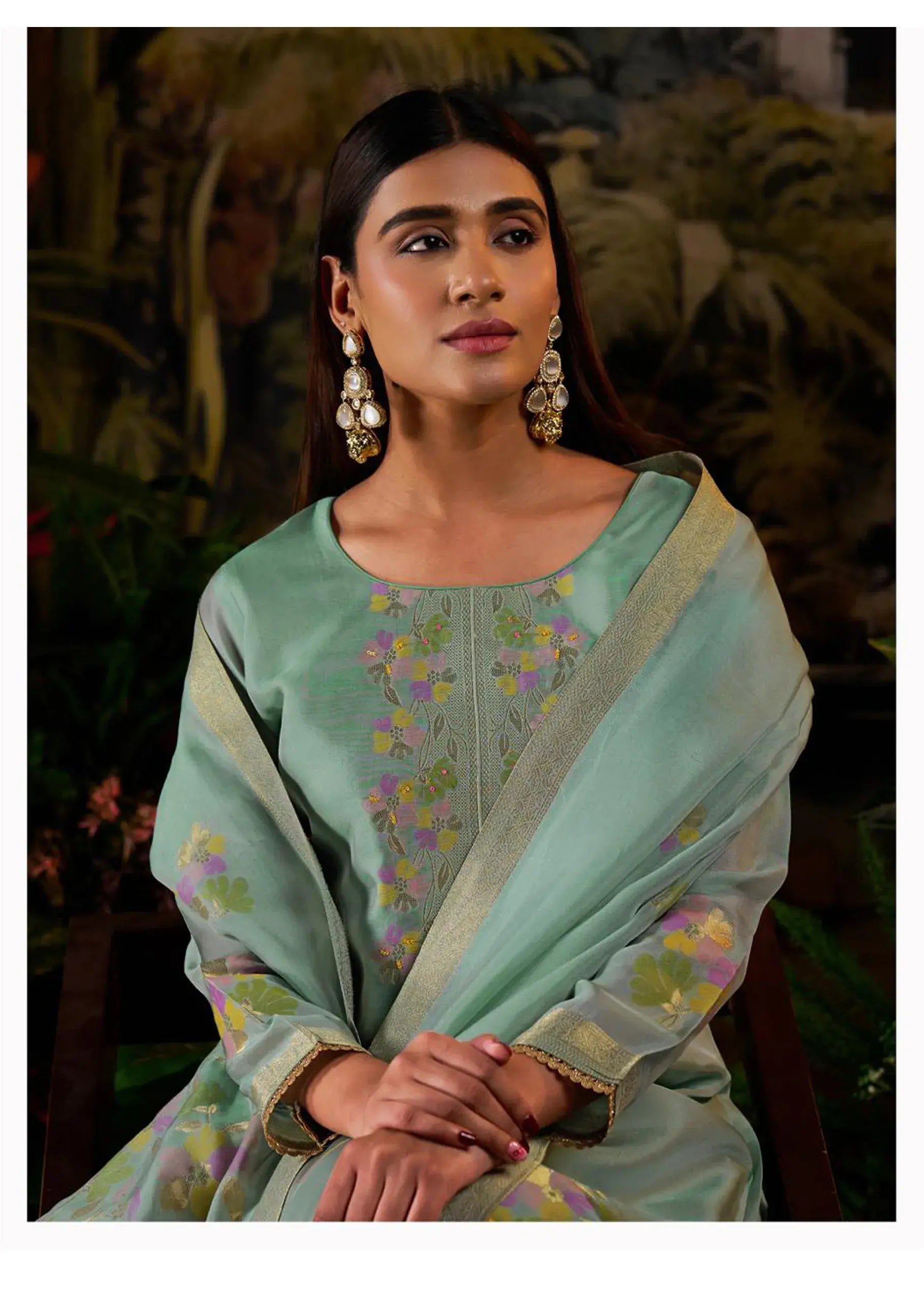 Silk Jacquard Suit with Hand Work and Zari Lace Detailing
