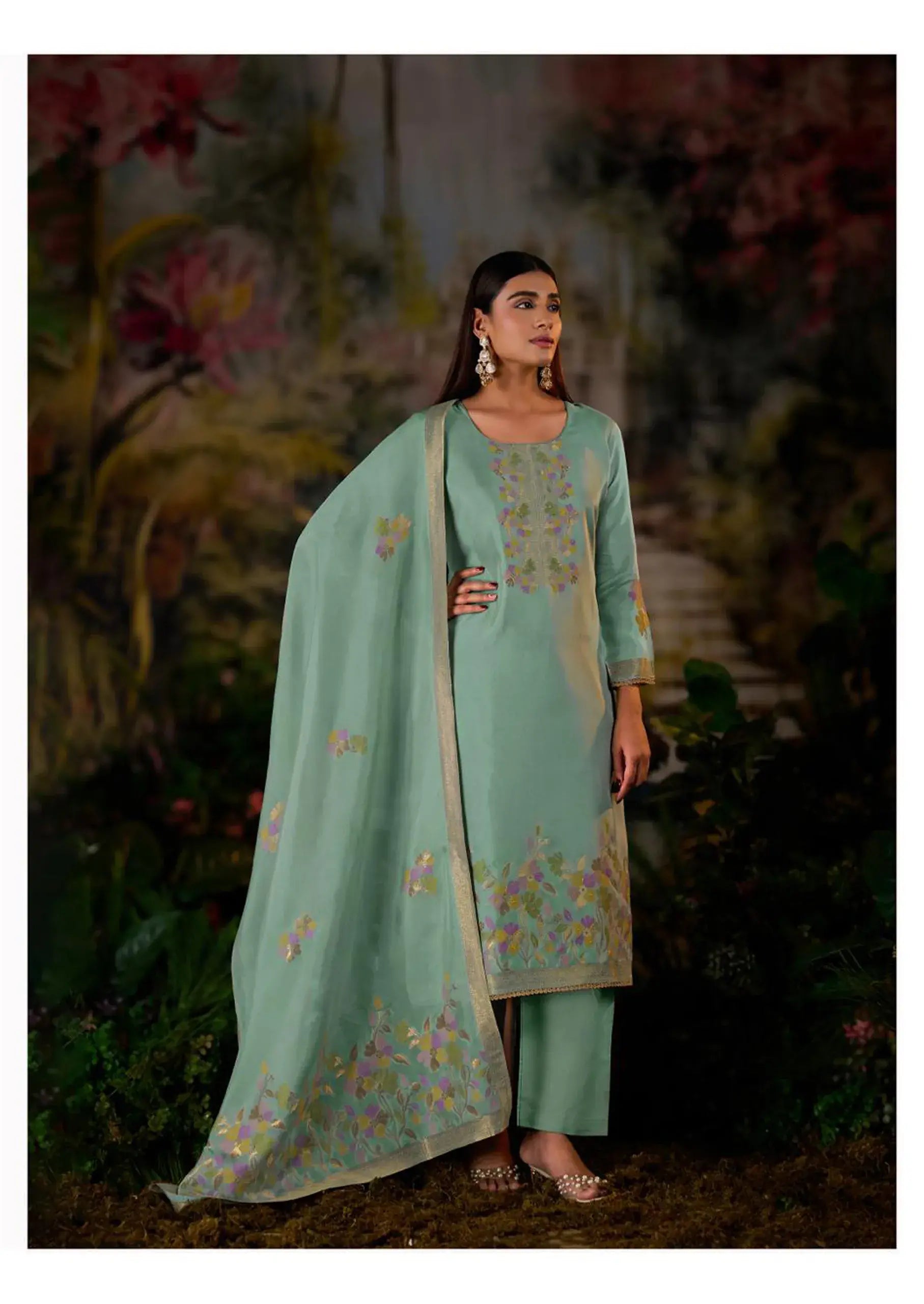 Silk Jacquard Suit with Hand Work and Zari Lace Detailing