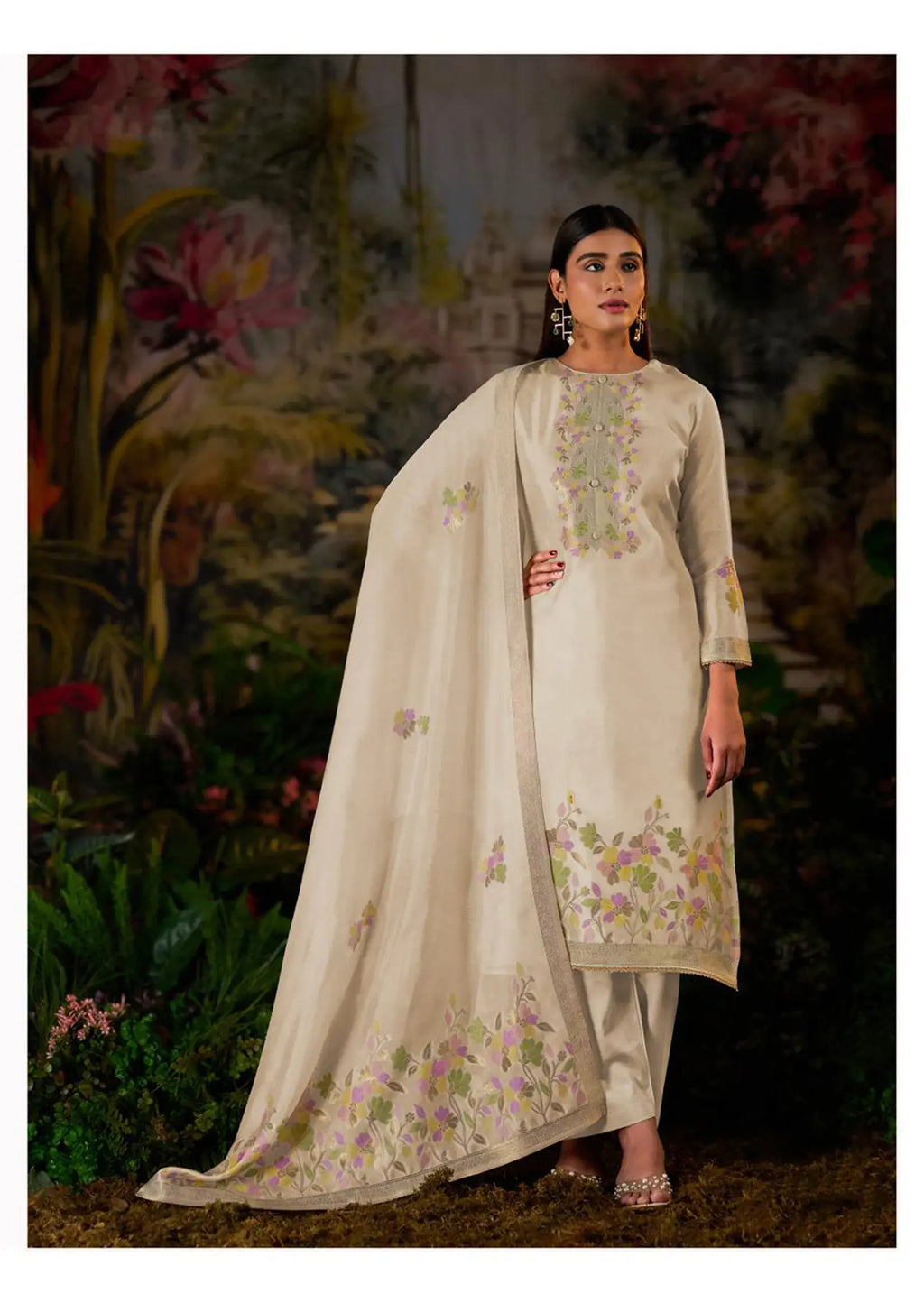 Silk Jacquard Suit with Hand Work and Zari Lace Detailing