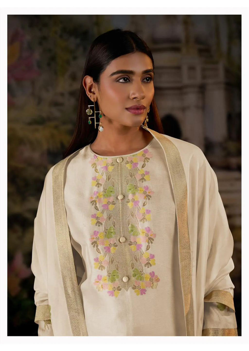 Silk Jacquard Suit with Hand Work and Zari Lace Detailing