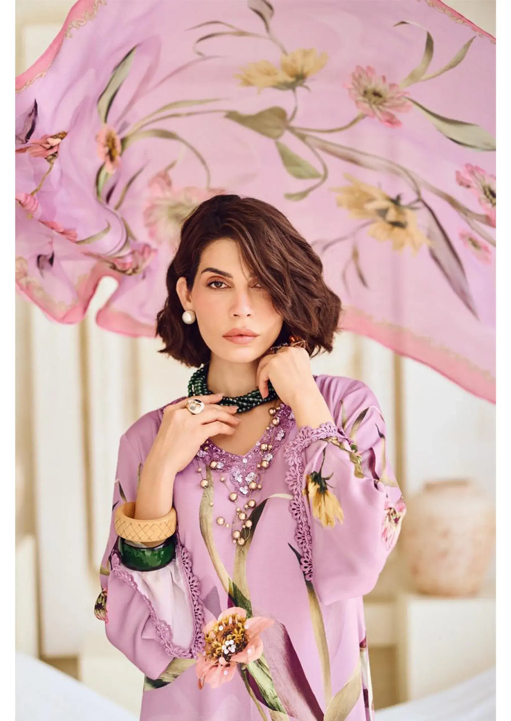 Modal Satin Suit Digitally Printed with Handwork & Embroidered Neckline