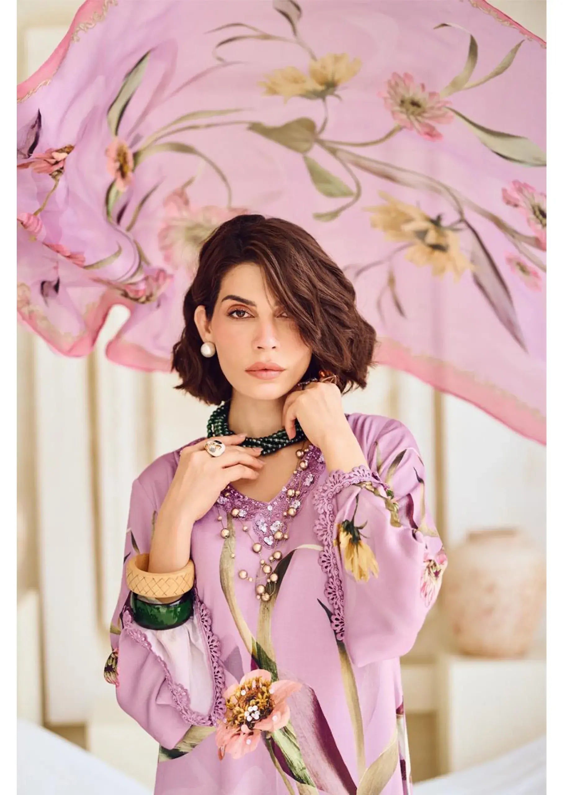 Modal Satin Suit Digitally Printed with Handwork & Embroidered Neckline