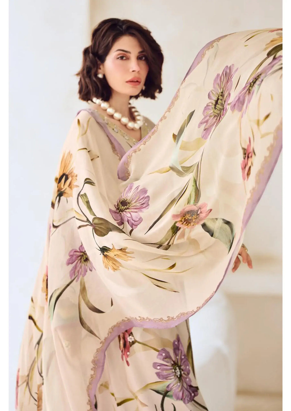Modal Satin Suit Digitally Printed with Handwork & Embroidered Neckline