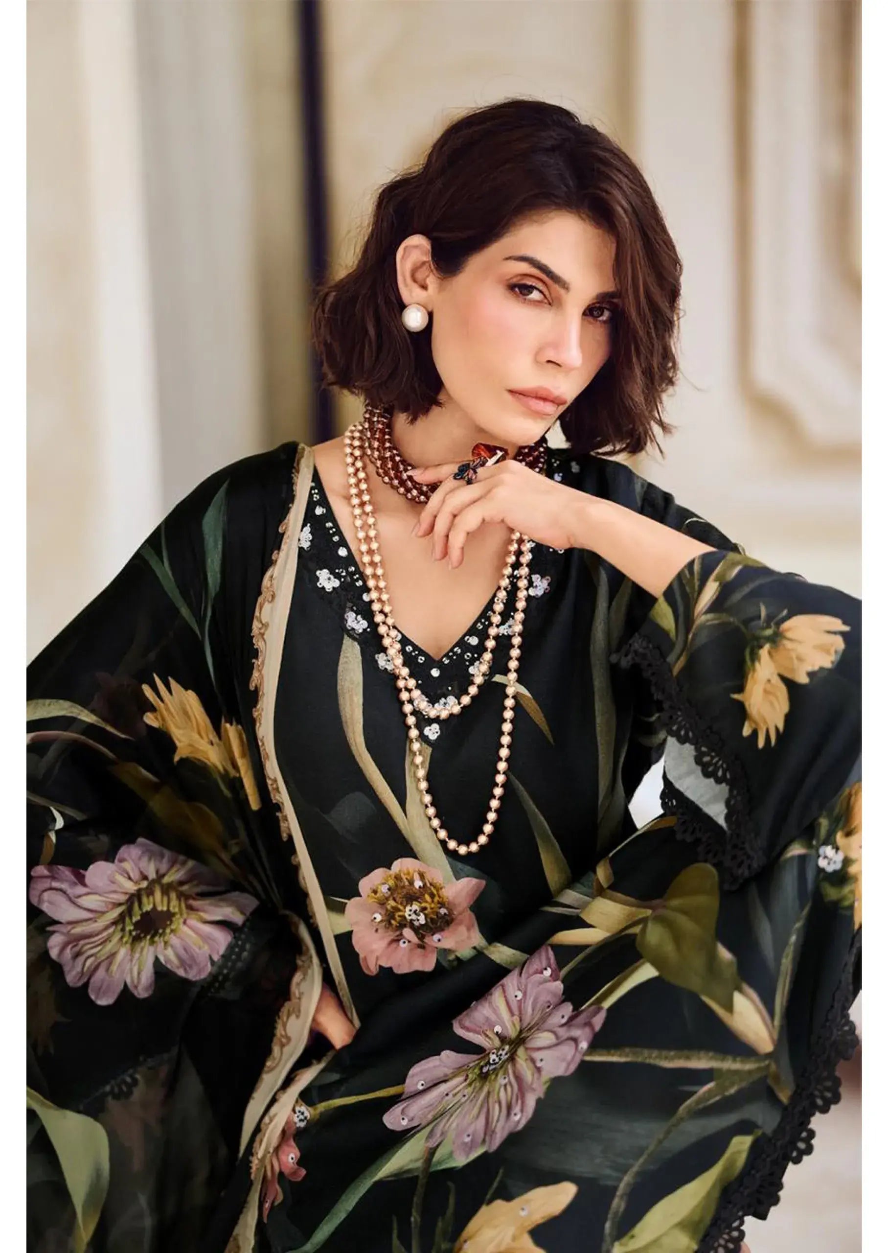 Modal Satin Suit Digitally Printed with Handwork & Embroidered Neckline