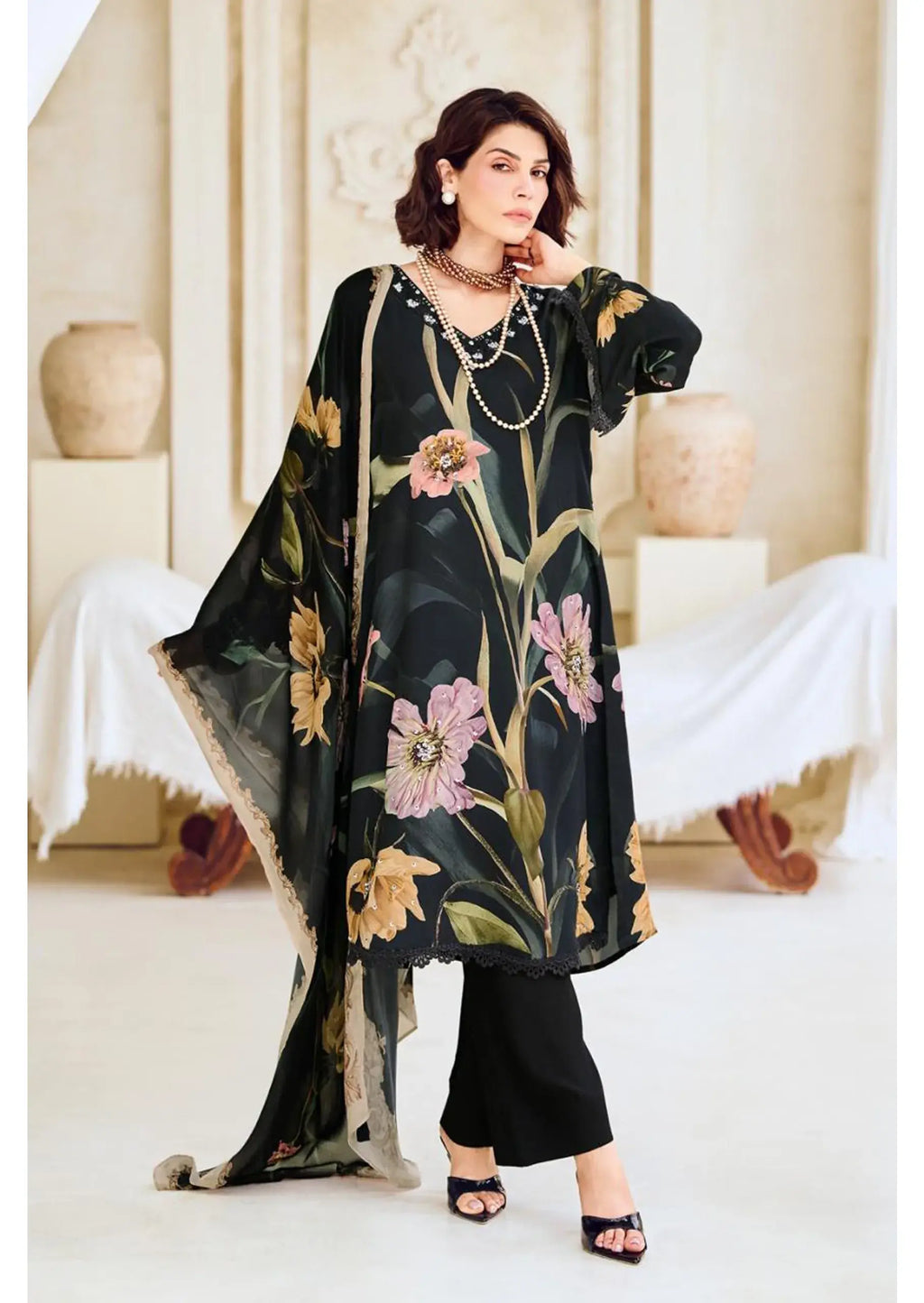 Modal Satin Suit Digitally Printed with Handwork & Embroidered Neckline