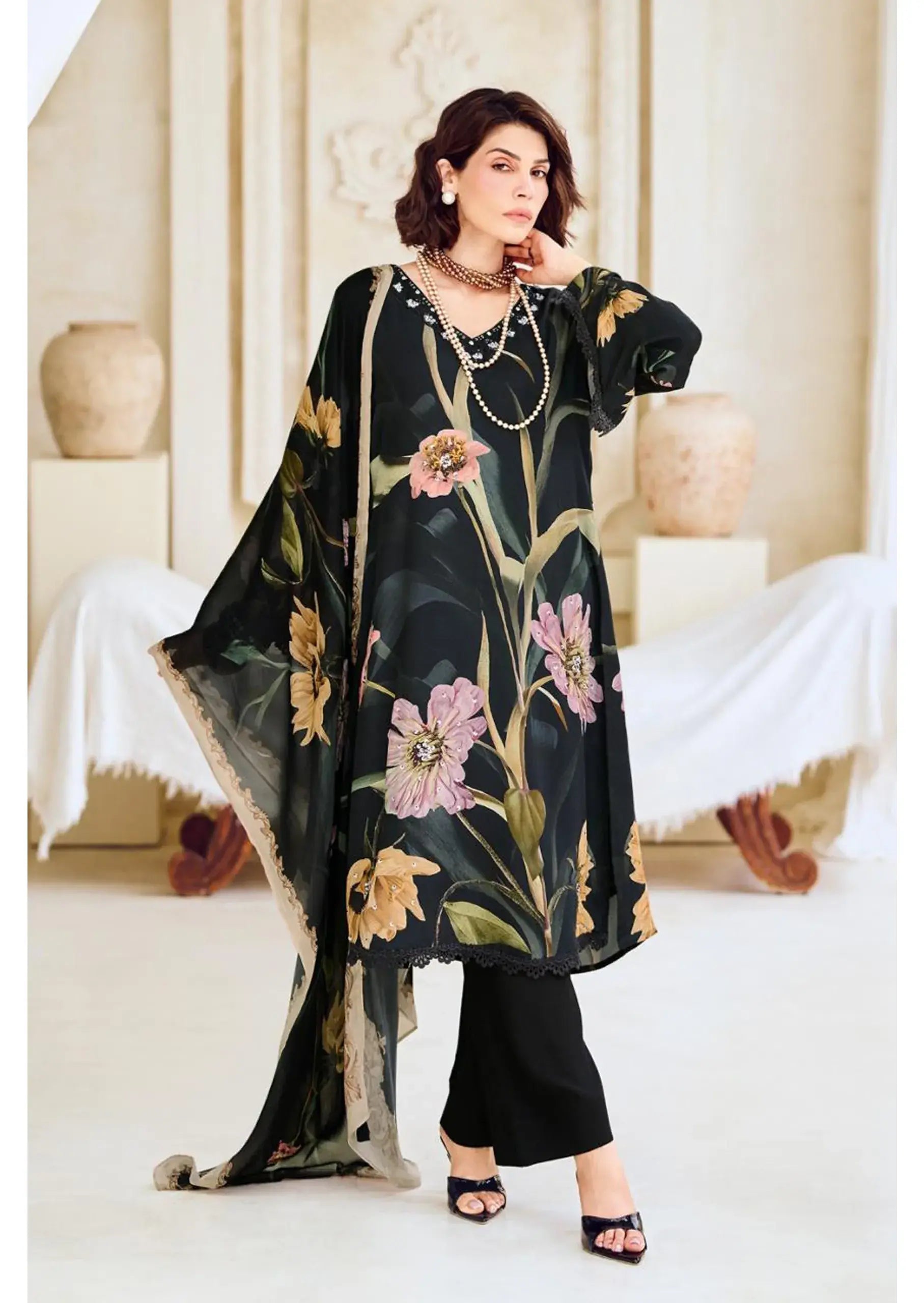 Modal Satin Suit Digitally Printed with Handwork & Embroidered Neckline