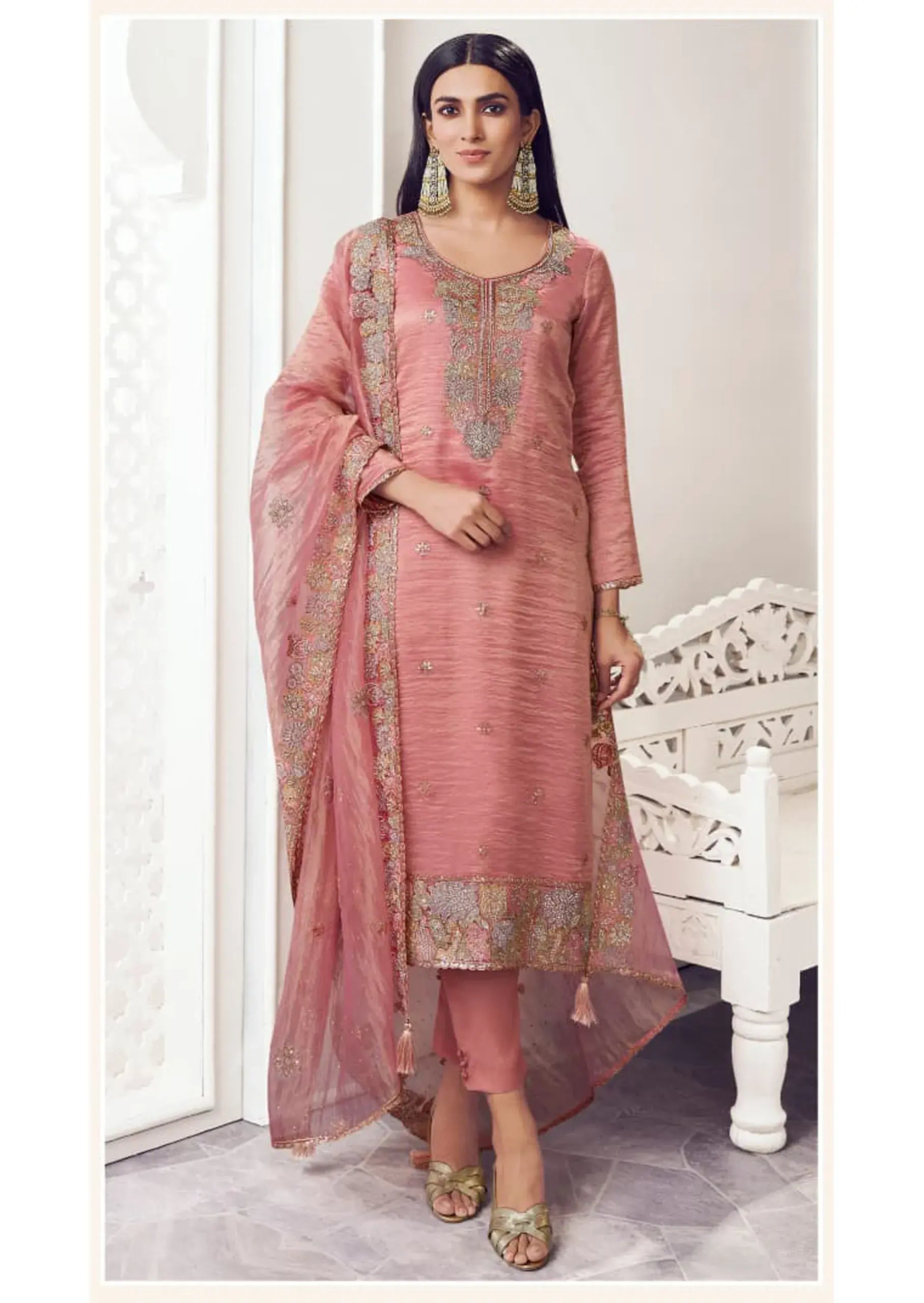 Royal Pink Silk Suit & Dupatta with Thread Embroidery & Zarkan Work