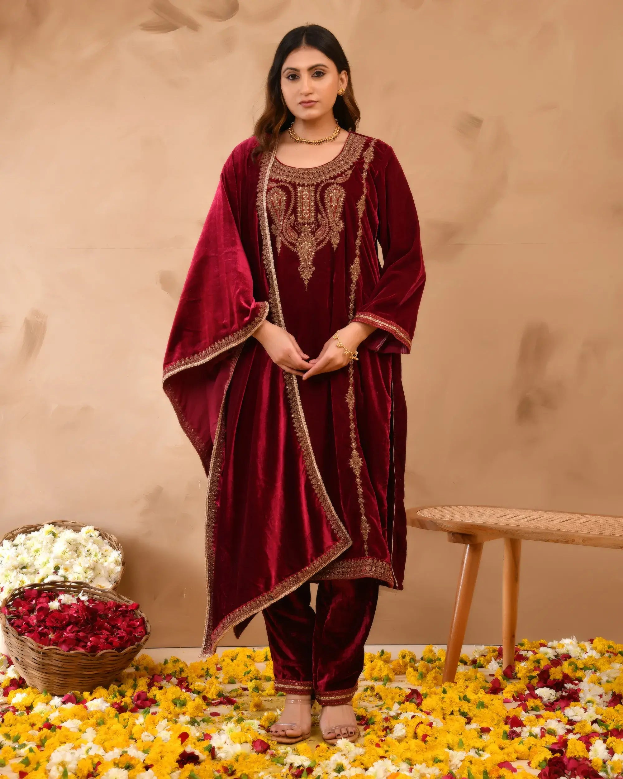 Pure velvet suit with coding embroidery work