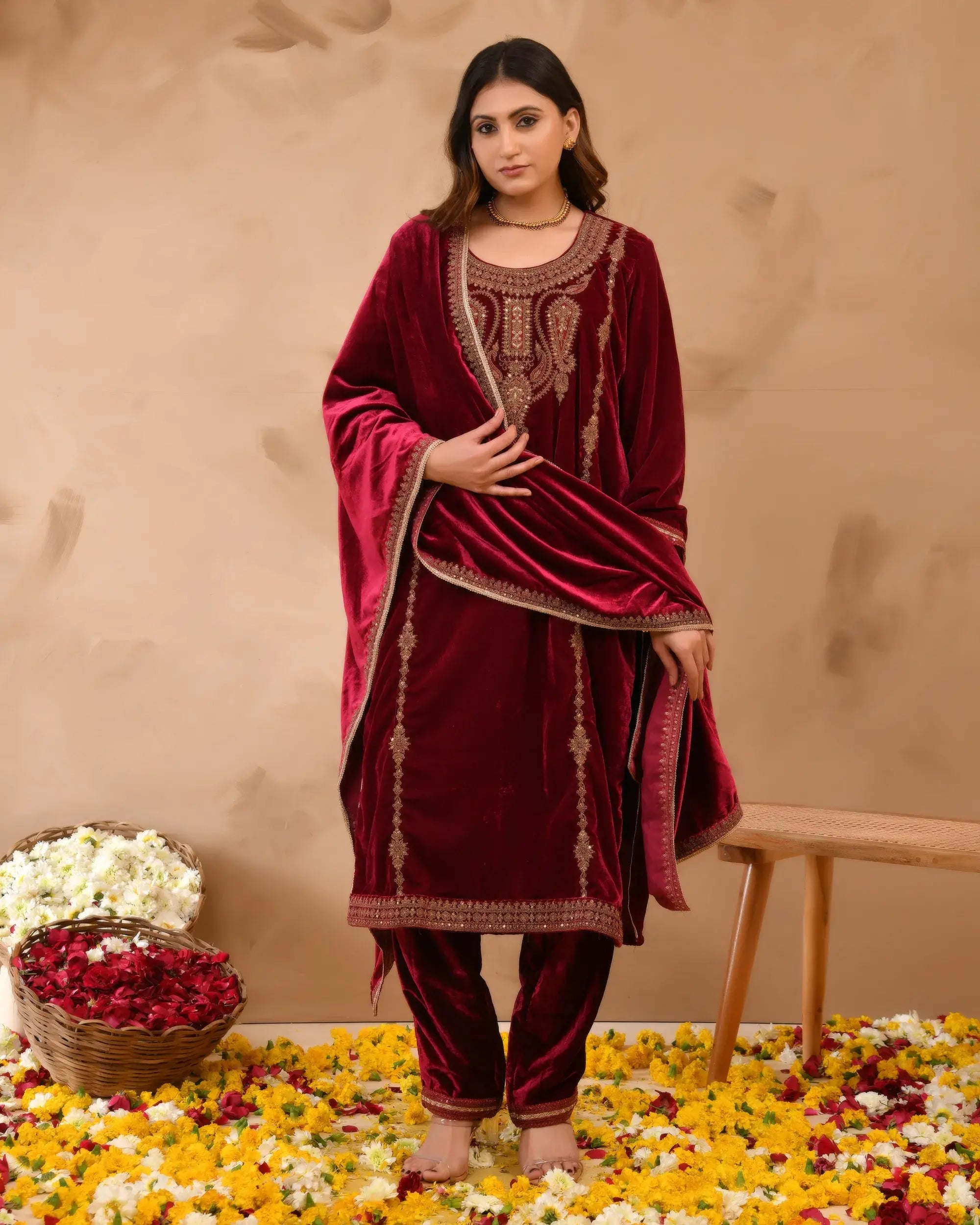 Pure velvet suit with coding embroidery work