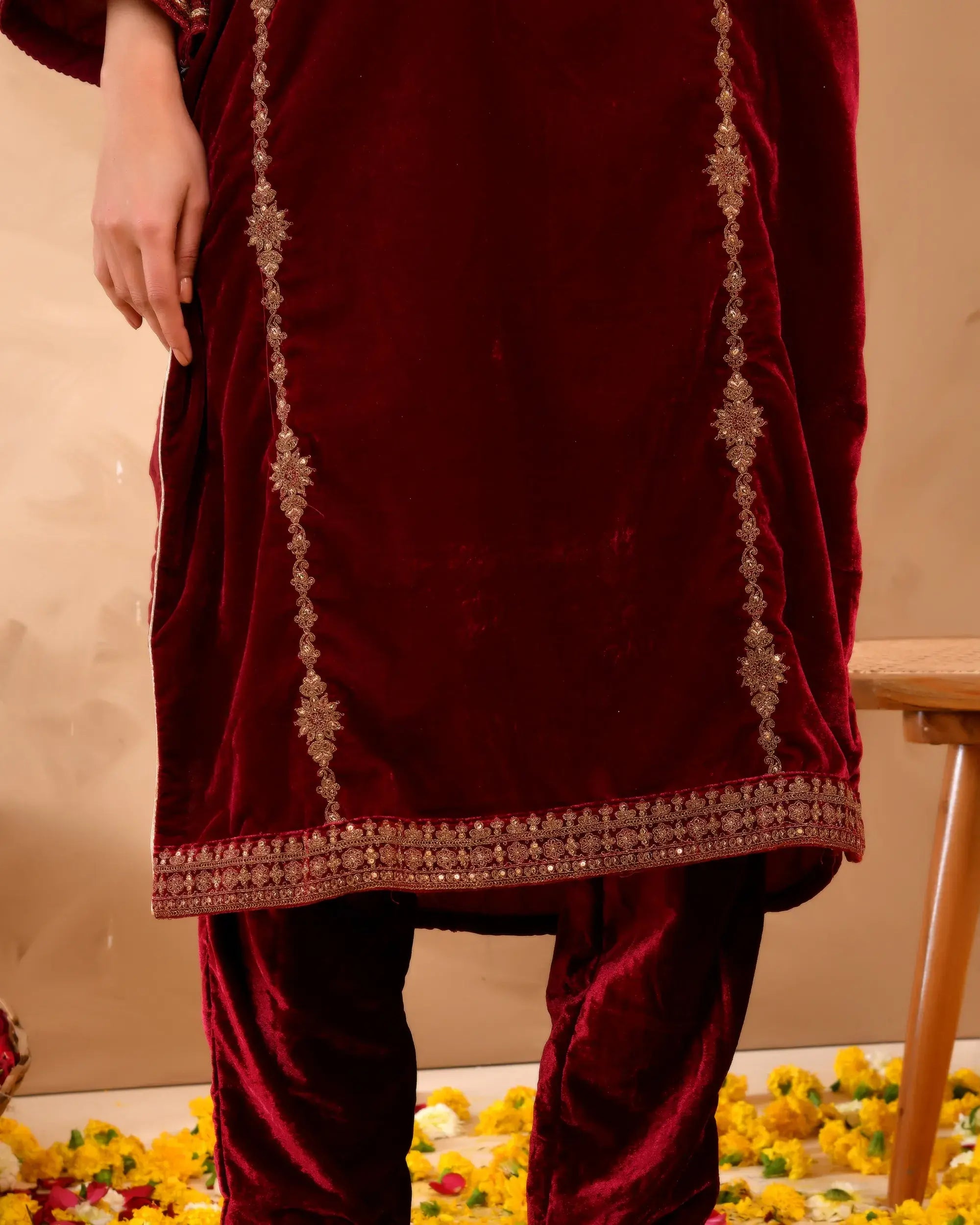 Pure velvet suit with coding embroidery work