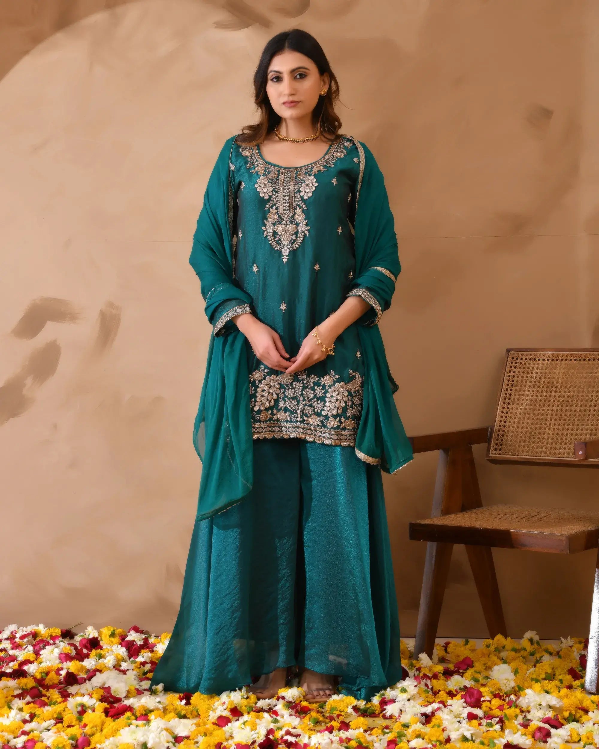 Shimmer Silk Suit with Cutdana Embroidery