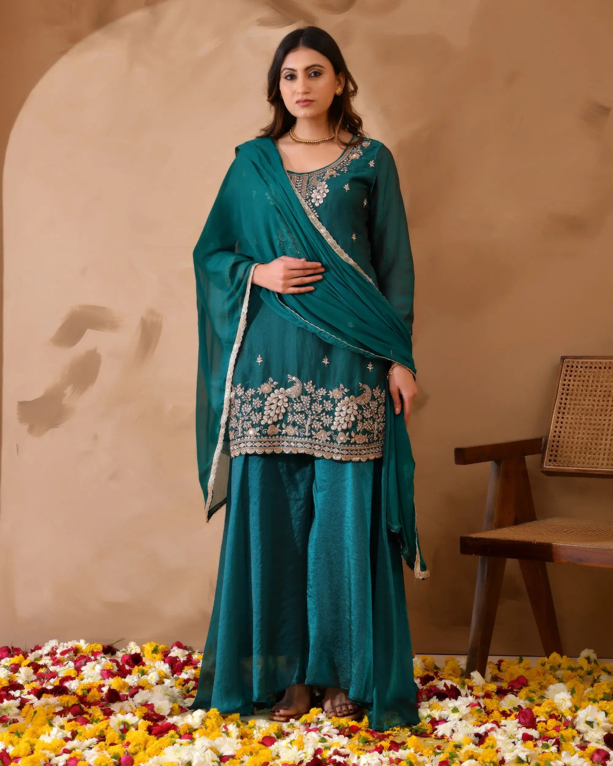 Shimmer Silk Suit with Cutdana Embroidery