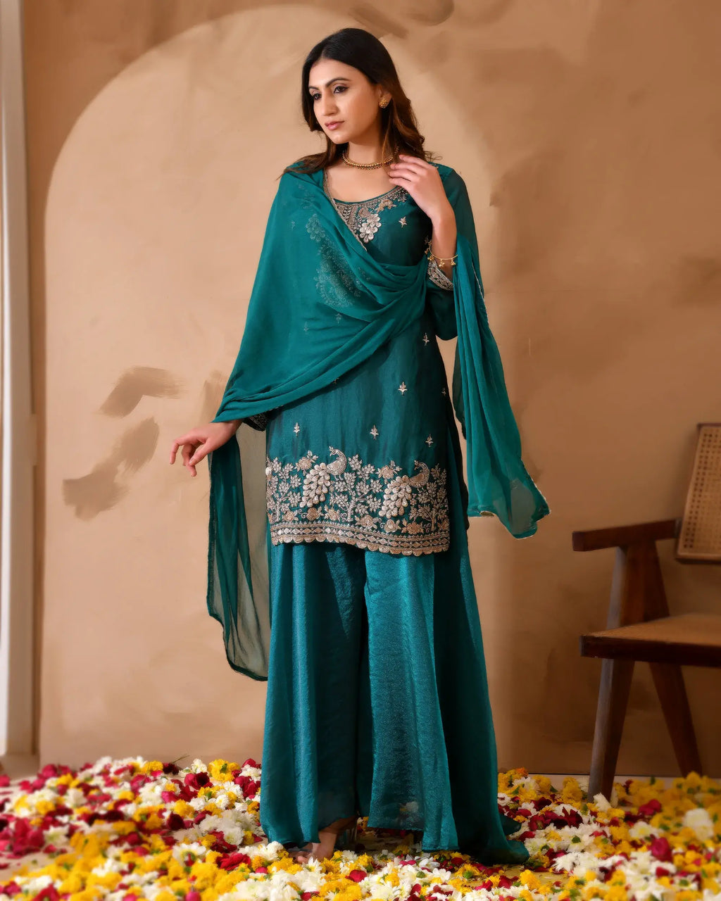 Shimmer Silk Suit with Cutdana Embroidery