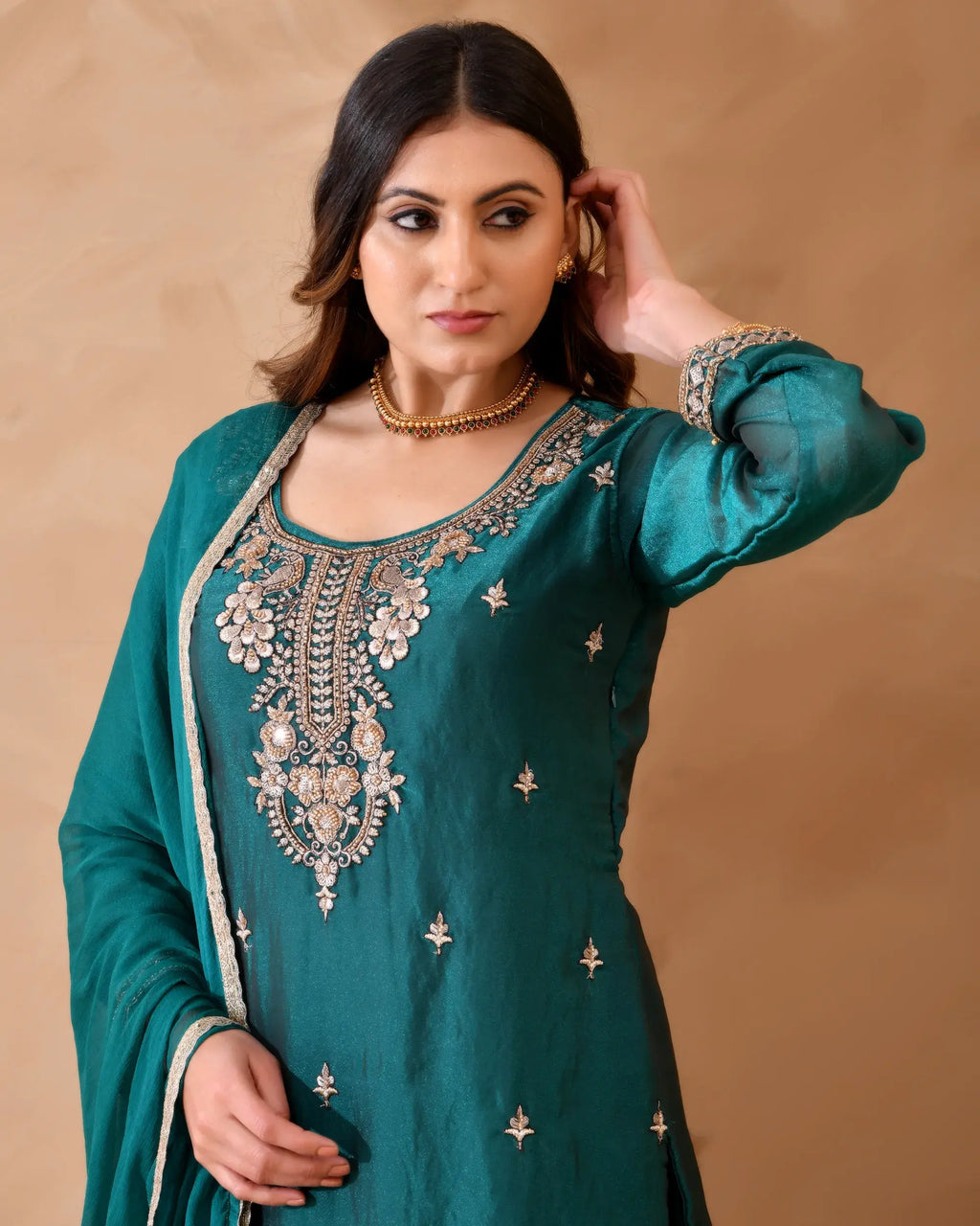 Shimmer Silk Suit with Cutdana Embroidery