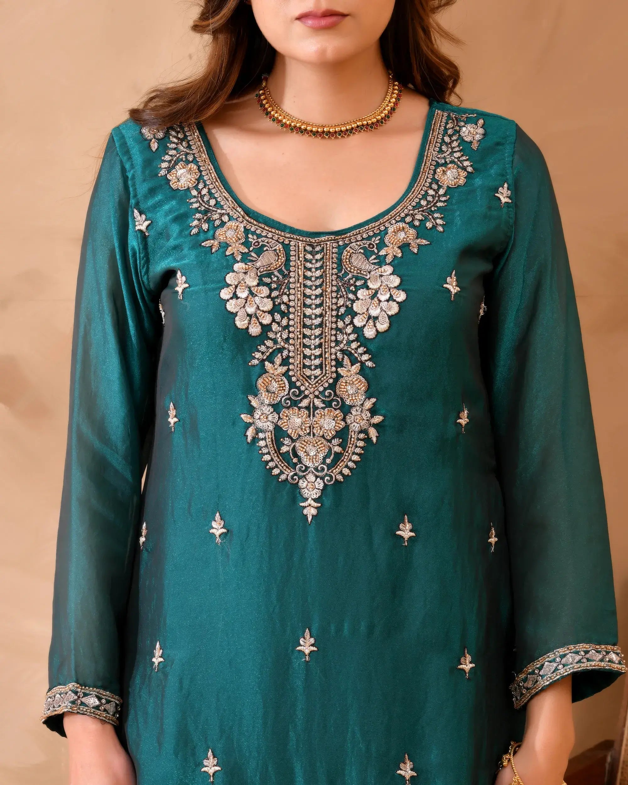 Shimmer Silk Suit with Cutdana Embroidery