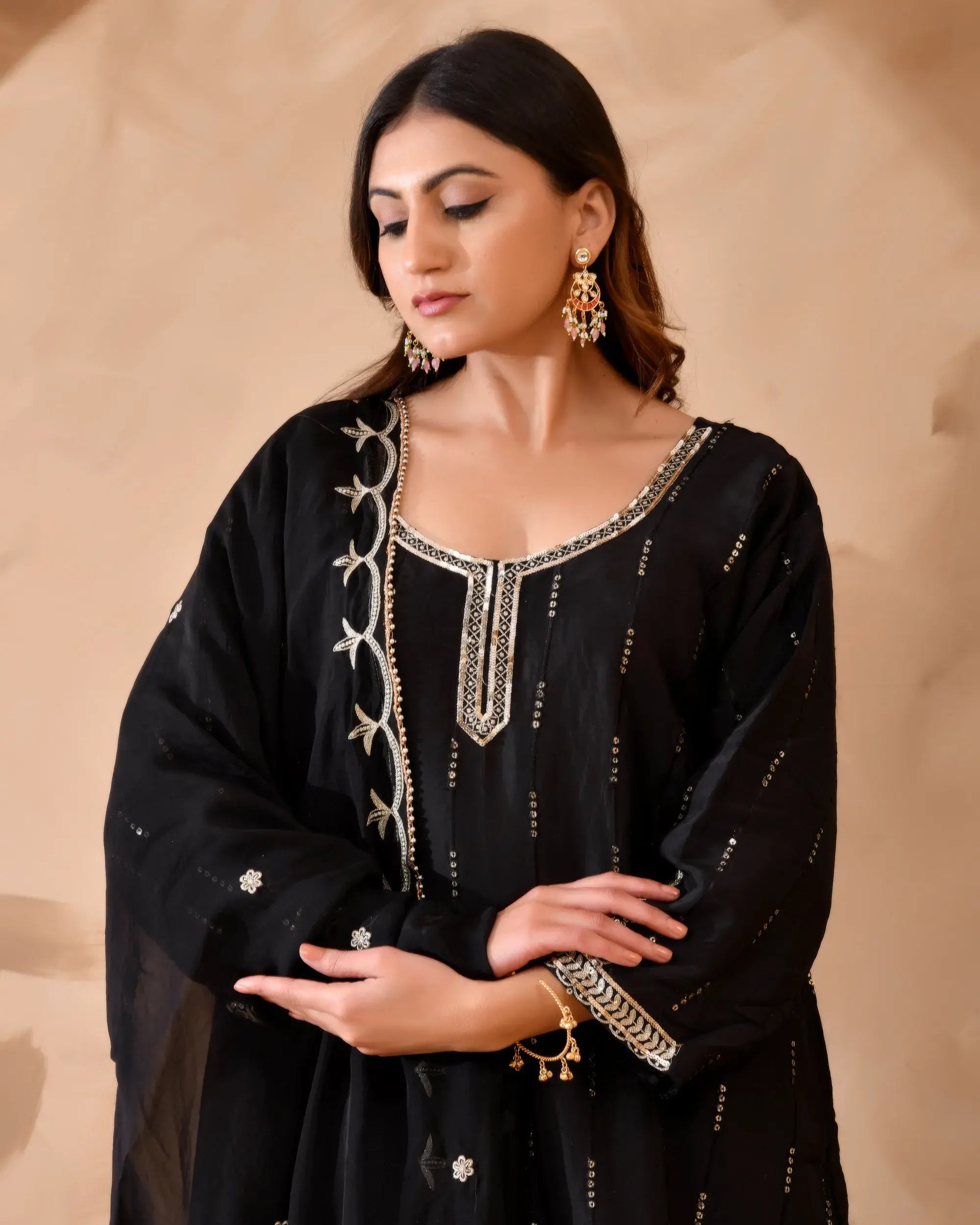 Pure Silk Suit with Cut Dhana and Sequin Hand Embroidery