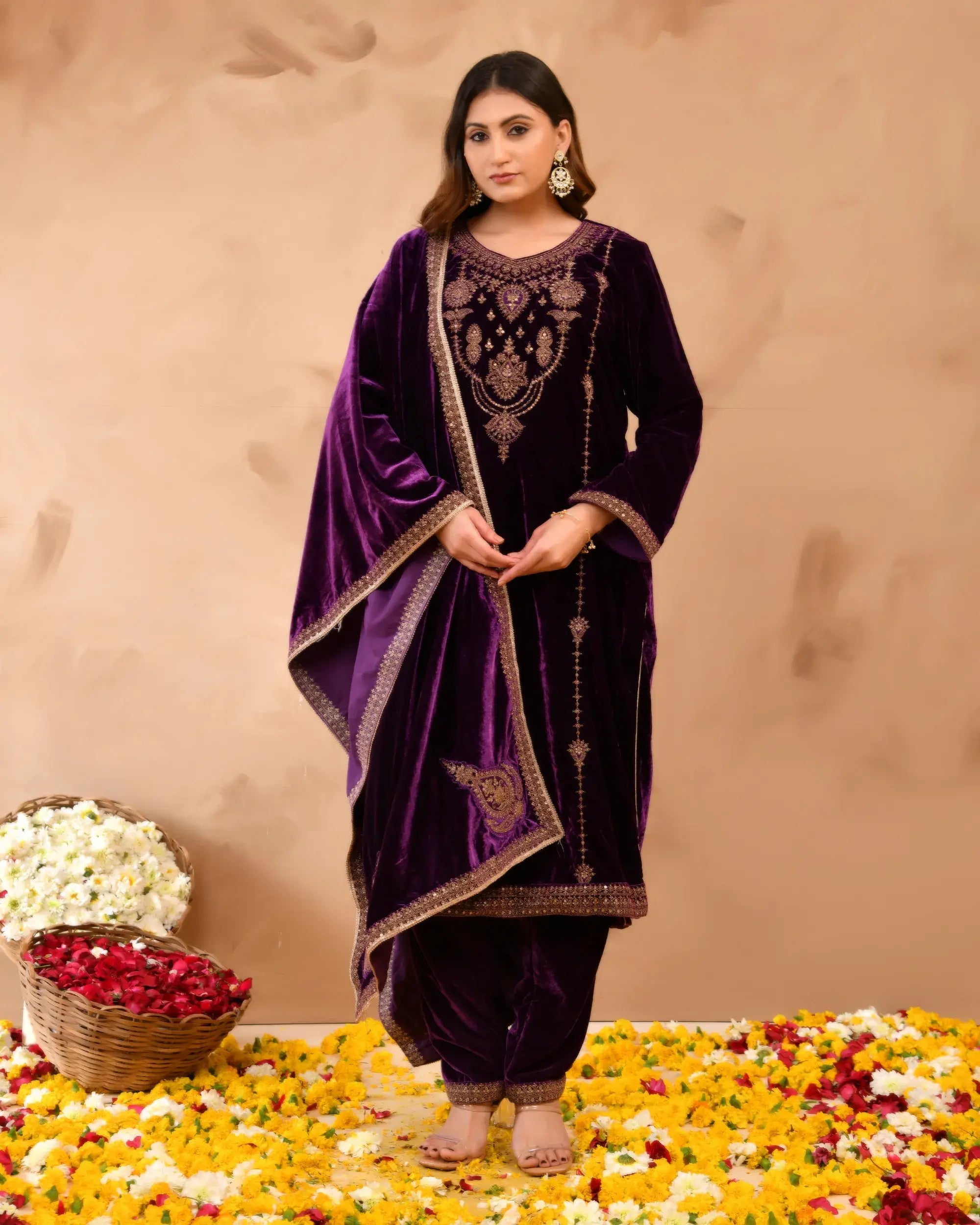 Pure velvet suit with coding embroidery work