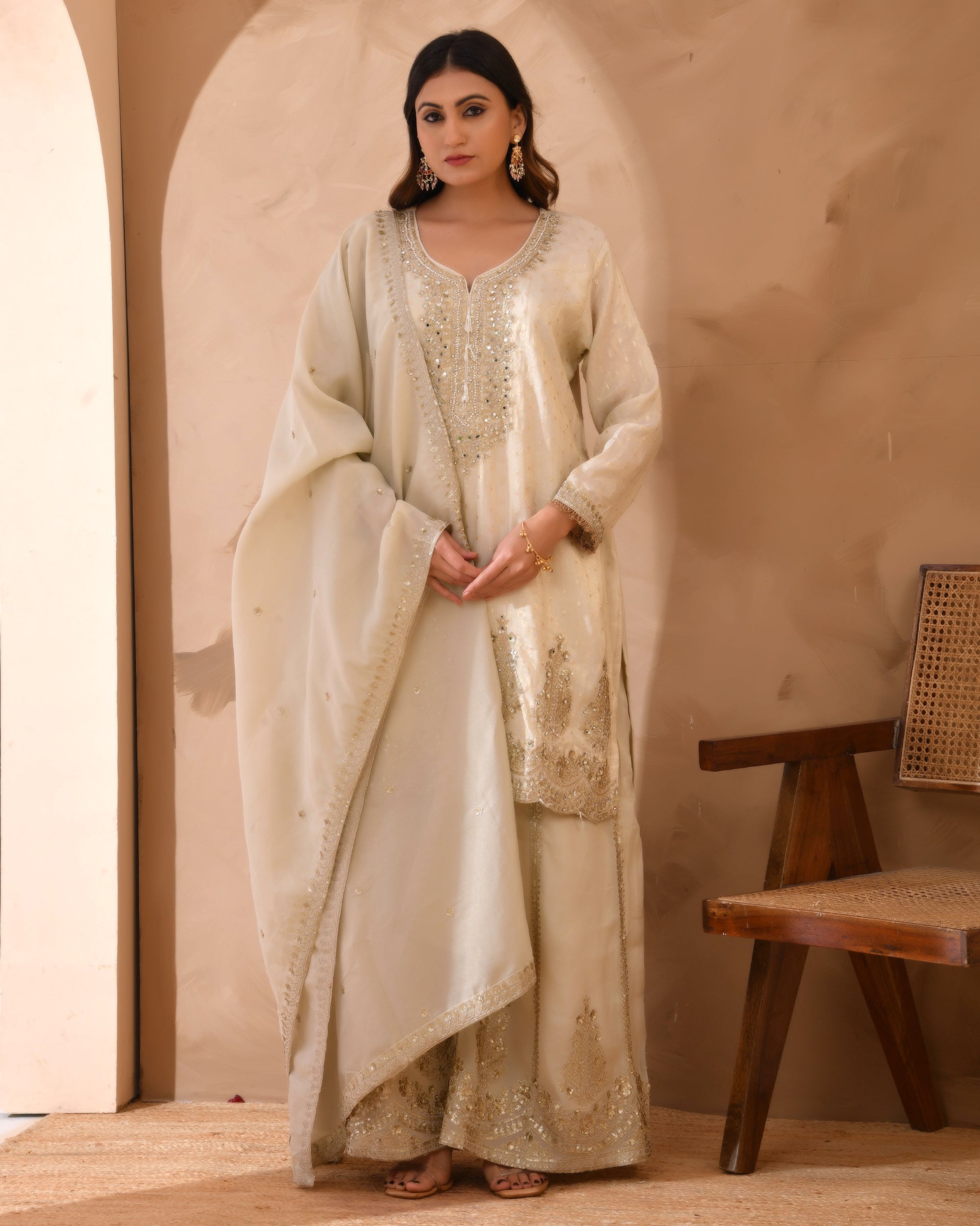 Pure viscose jacquard silk suit with full heavy embroidery