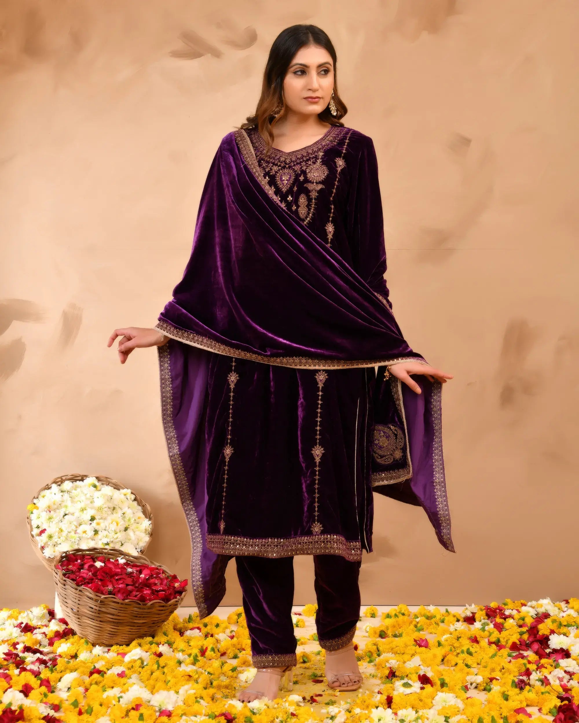 Pure velvet suit with coding embroidery work