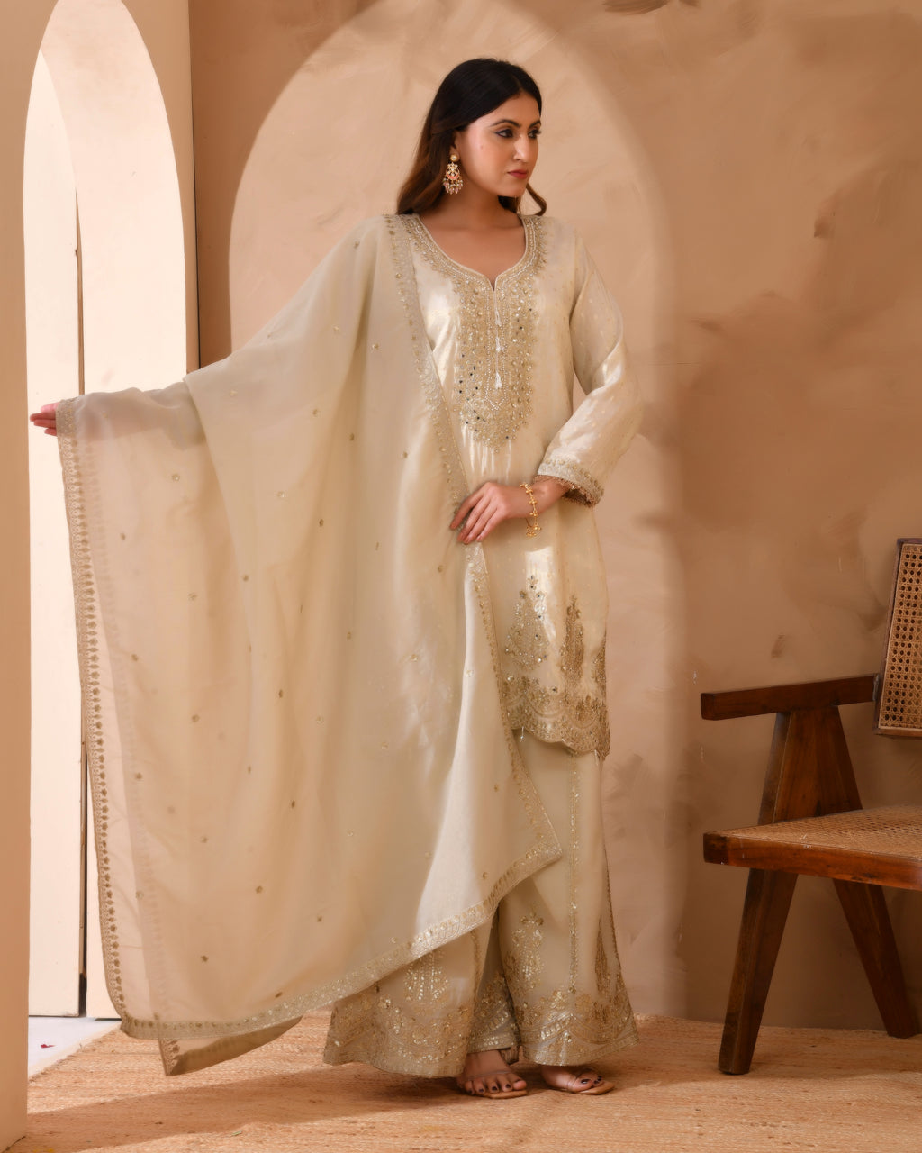Pure viscose jacquard silk suit with full heavy embroidery