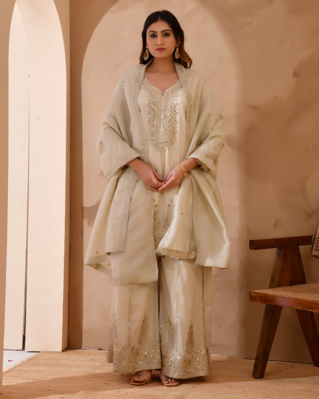 Pure viscose jacquard silk suit with full heavy embroidery