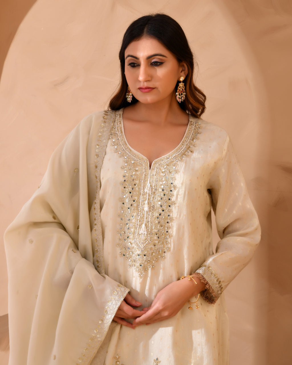 Pure viscose jacquard silk suit with full heavy embroidery