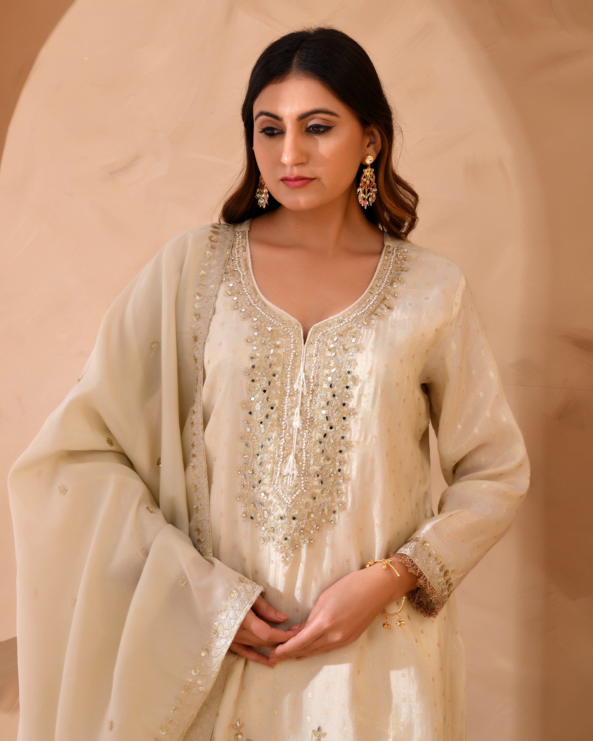 Pure viscose jacquard silk suit with full heavy embroidery