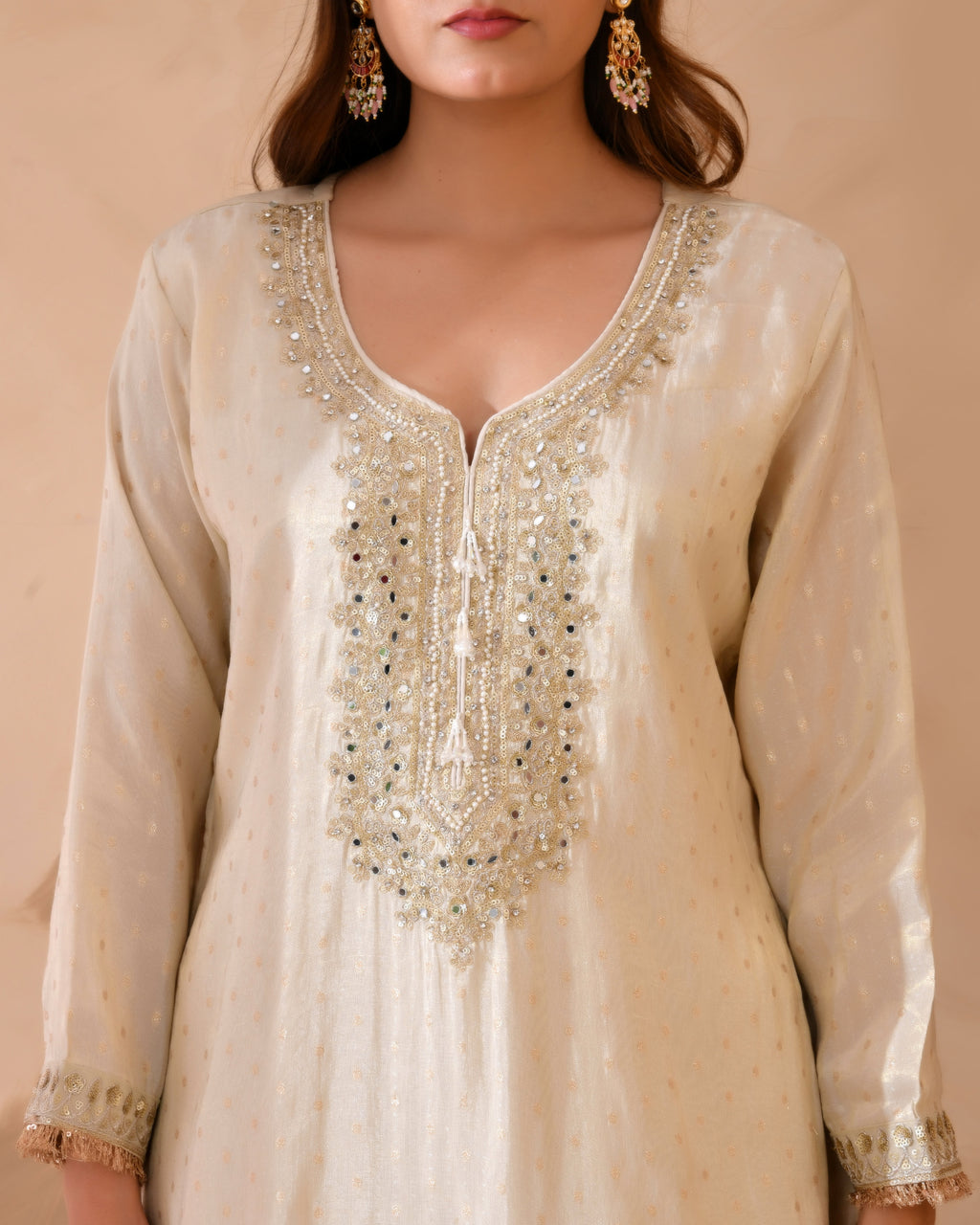 Pure viscose jacquard silk suit with full heavy embroidery