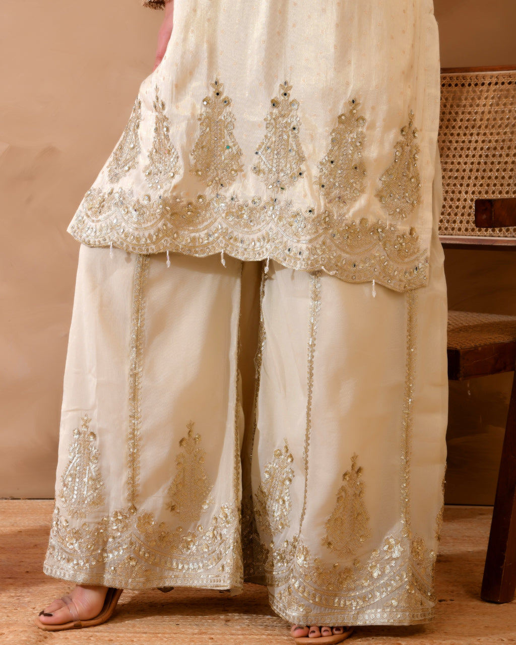 Pure viscose jacquard silk suit with full heavy embroidery