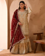 Organza suit with heavy zari and zarkan work