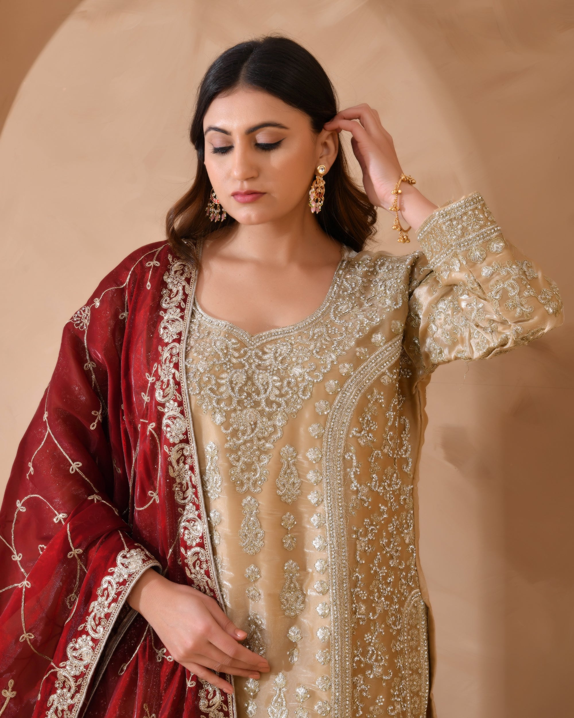 Organza suit with heavy zari and zarkan work