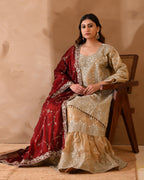 Organza suit with heavy zari and zarkan work