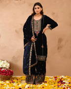 Royal Blue Pure Velvet top With Velvet Plazzo and Dupatta