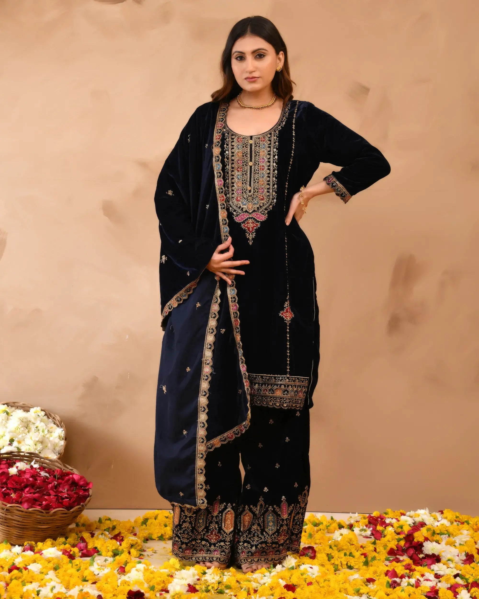 Royal Blue Plush Velvet top With Velvet Plazzo and Dupatta